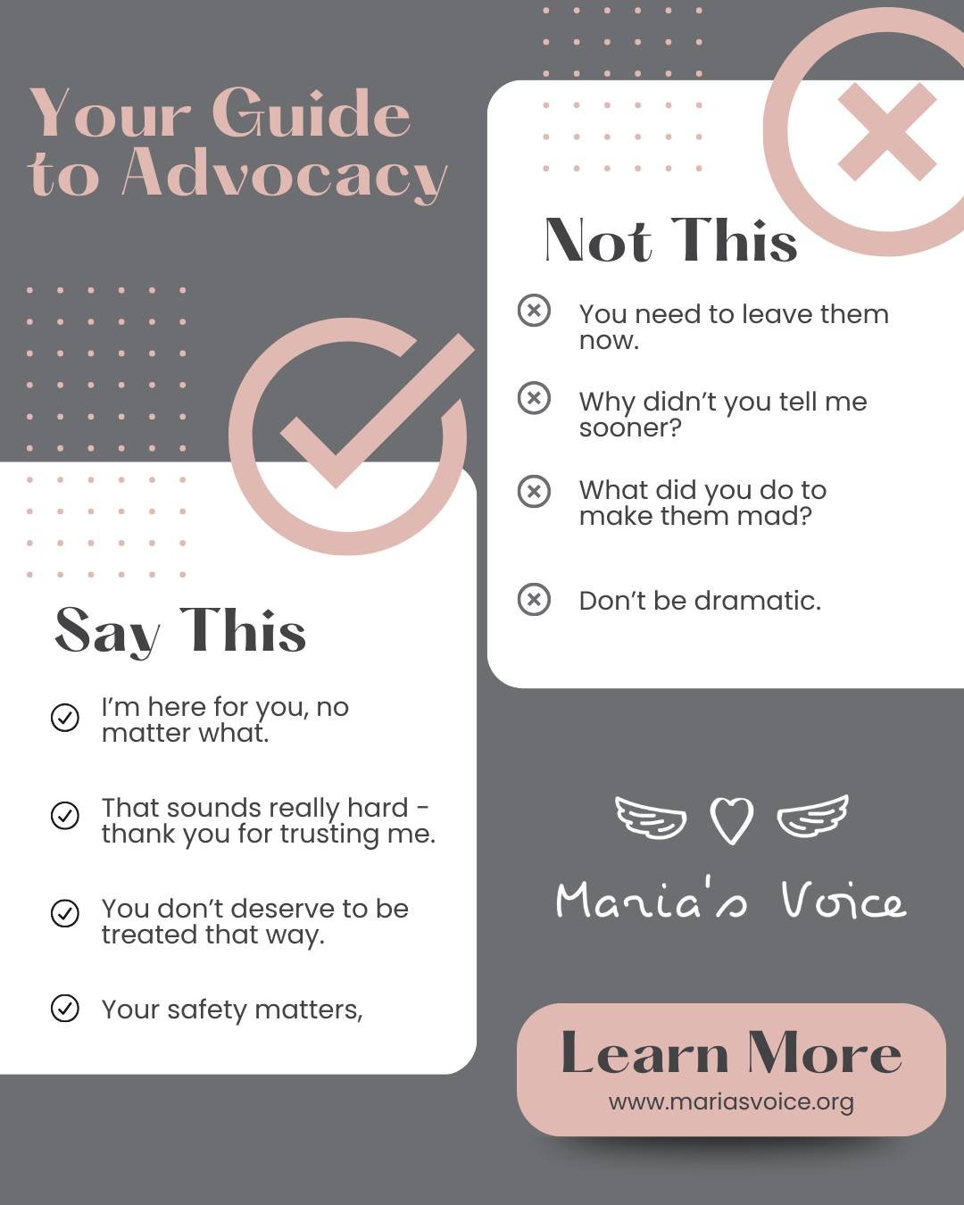 Words matter.
When someone opens up about abuse, what we say can either build trust or shut the door.
Knowing how to respond with compassion and without judgment is one of the most powerful ways to prevent further harm. Even small shifts in languag