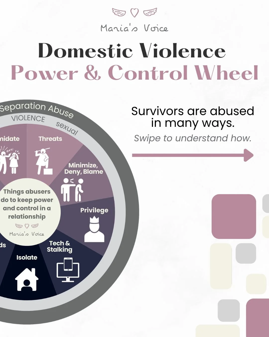 Not all abuse is obvious. And not all control happens face to face.

The Power &amp; Control Wheel helps us understand how abuse shows up in different ways, including through stalking and technology.

This can look like:
&bull; Monitoring someone&rsq
