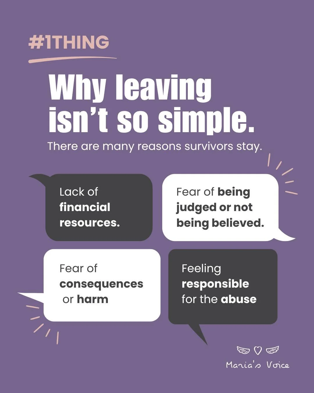 &ldquo;Why don&rsquo;t they just leave?&rdquo;

Because it&rsquo;s not that simple.

💭 #1Thing: Learn why leaving isn&rsquo;t so simple.

Fear, safety risks, finances, and not being believed are just a few of the barriers survivors face.

When we un