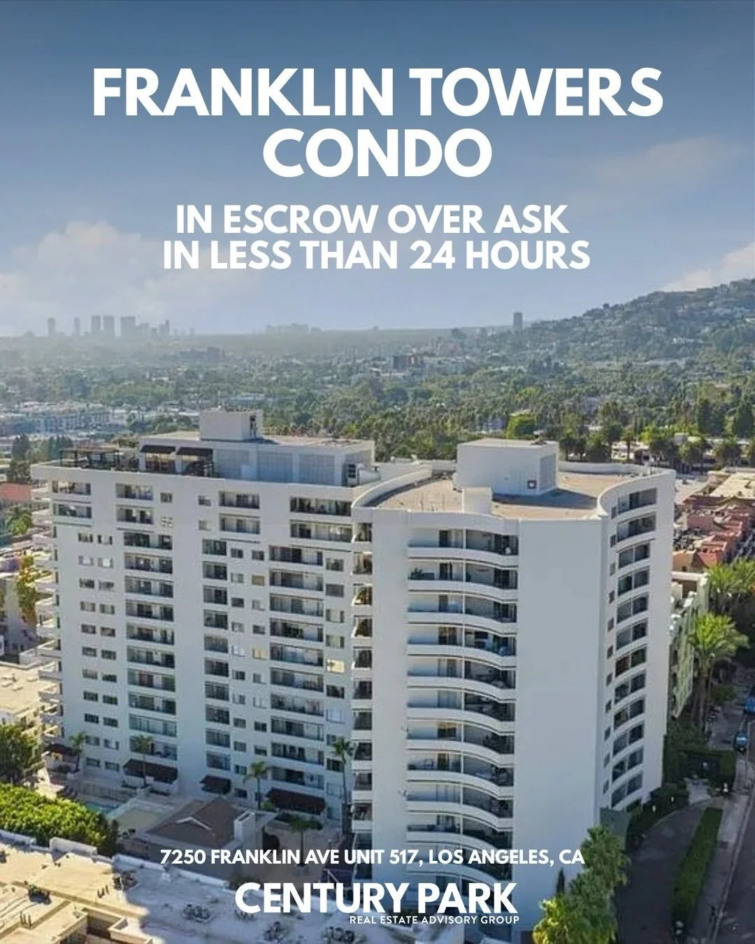 We took this condo in Hollywood From list to in escrow over ask in less than 24 hours.

How we did it:
1. Right-priced property
2. Great Hollywood location in high-profile Franklin Towers
3. Pre-marketing the property to our close network of buyers a