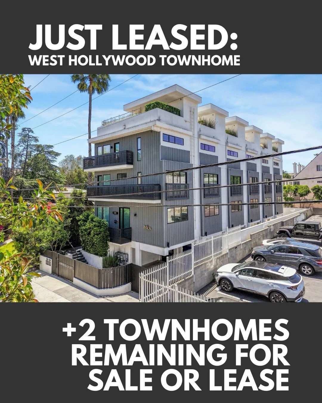 Leased: West Hollywood 3-Bed Townhome
Two more units remaining for sale or lease.
Built 2021 &ndash; clean modern design.
3 bedrooms, 2.5 bathrooms, approx. 1,568 sq ft approx.
Private rooftop decks (350 sq ft) with panoramic city views.
Premium fini