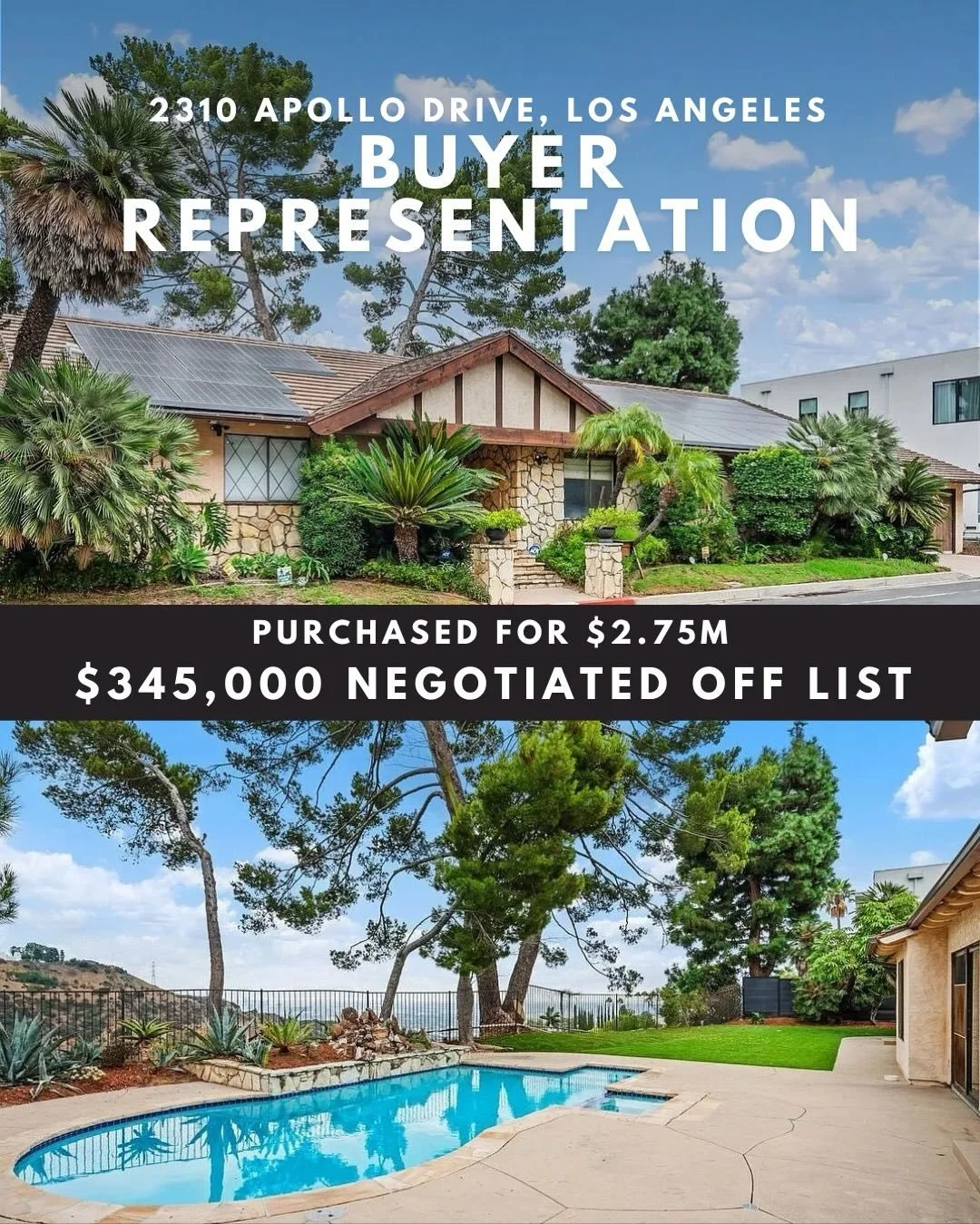 BUYER REPRESENTATION: 2310 Apollo Dr, Los Angeles

&bull; Purchased for $2.75M | Negotiated $345,000 off list
&bull; Represented the buyer in the purchase of this perfect canvas for their dream home &mdash; great layout, views, and long-term potentia
