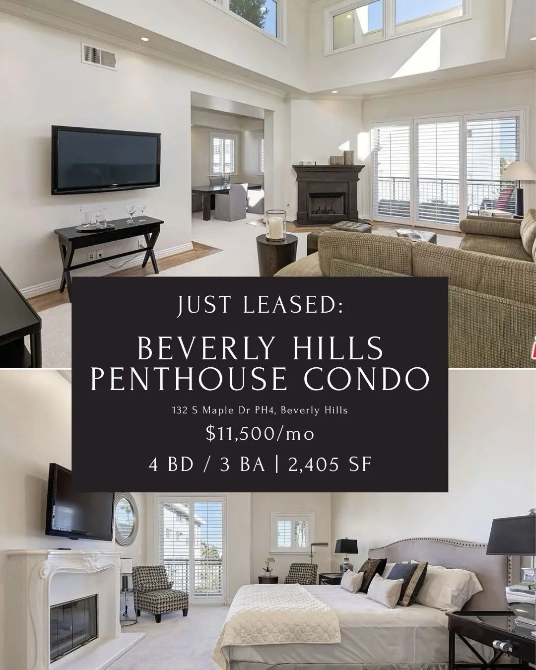 JUST LEASED: Beverly Hills Penthouse 

Leased at $11,500/month: This 2,405 SF single-level penthouse features dramatic 20-foot ceilings, expansive city views, and exceptional natural light throughout. The fully furnished 4-bedroom, 3-bathroom layout 
