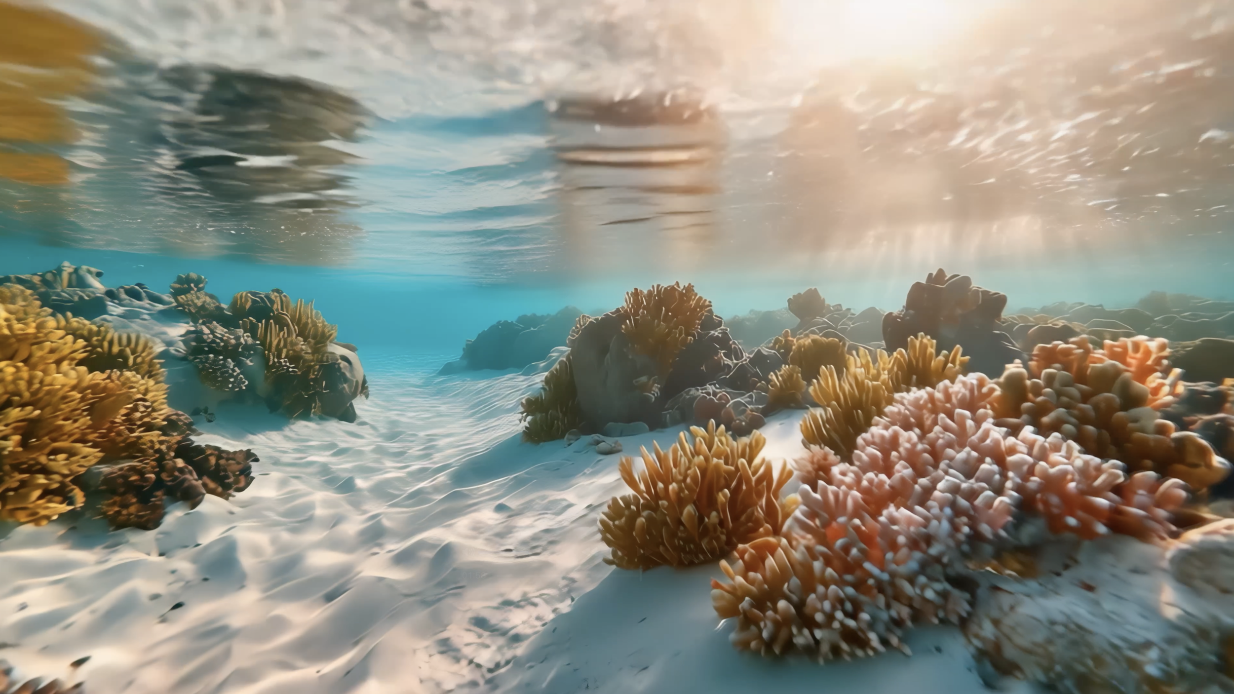 Underwater view of coral reefs and sandy seabed with sunlight filtering through the water surface.