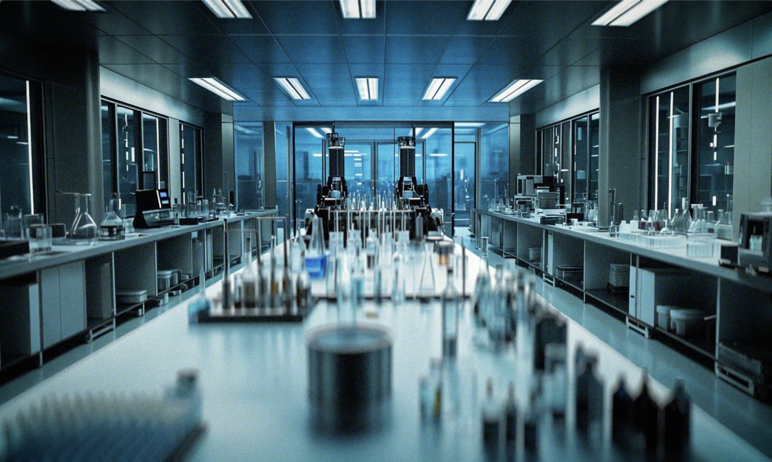 A scientific laboratory with a long table, scientific equipment, and robotic arms, illuminated with fluorescent lights and surrounded by glass cabinets.