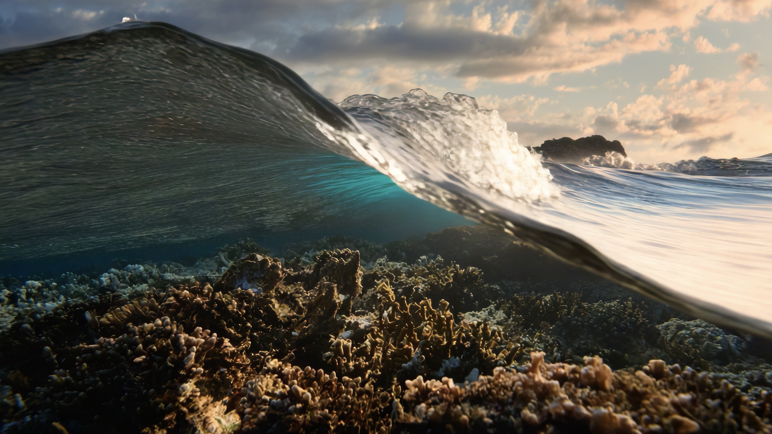 A photo taken underwater showing a coral reef with a large ocean wave above. The sky is partly cloudy with the sun shining through.
