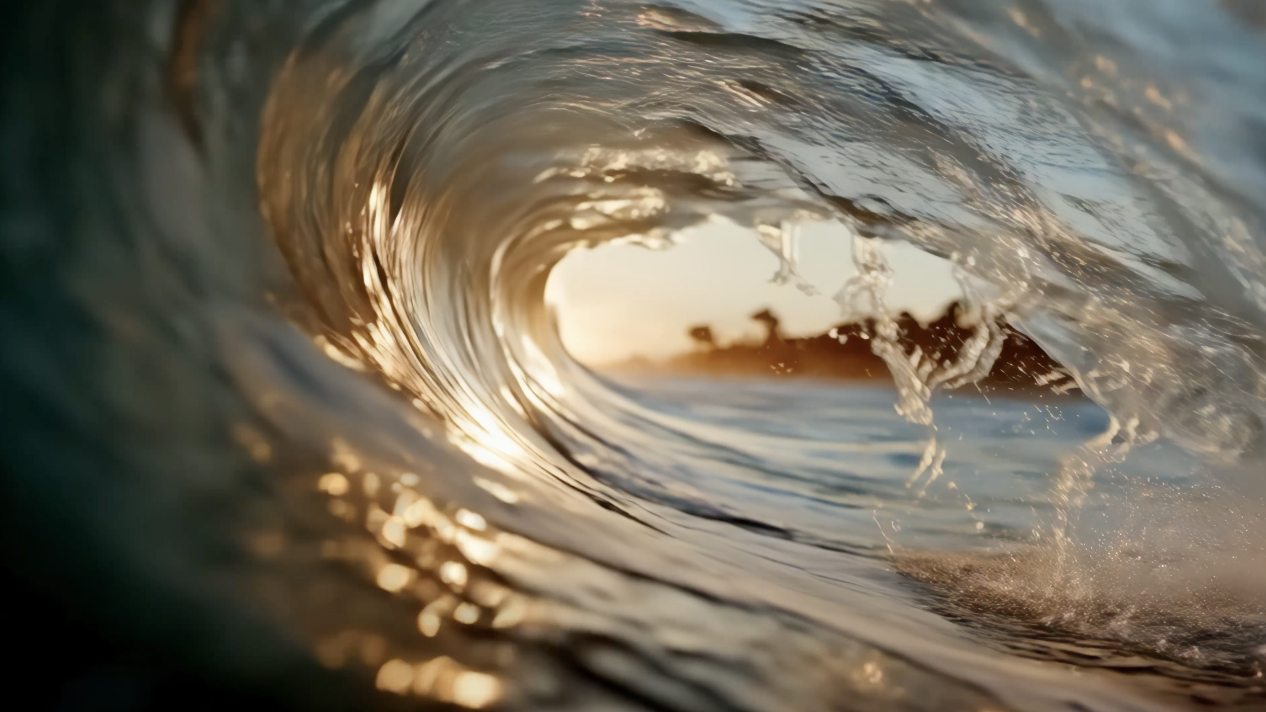 Inside of an ocean wave curling with sunlight shimmering through.
