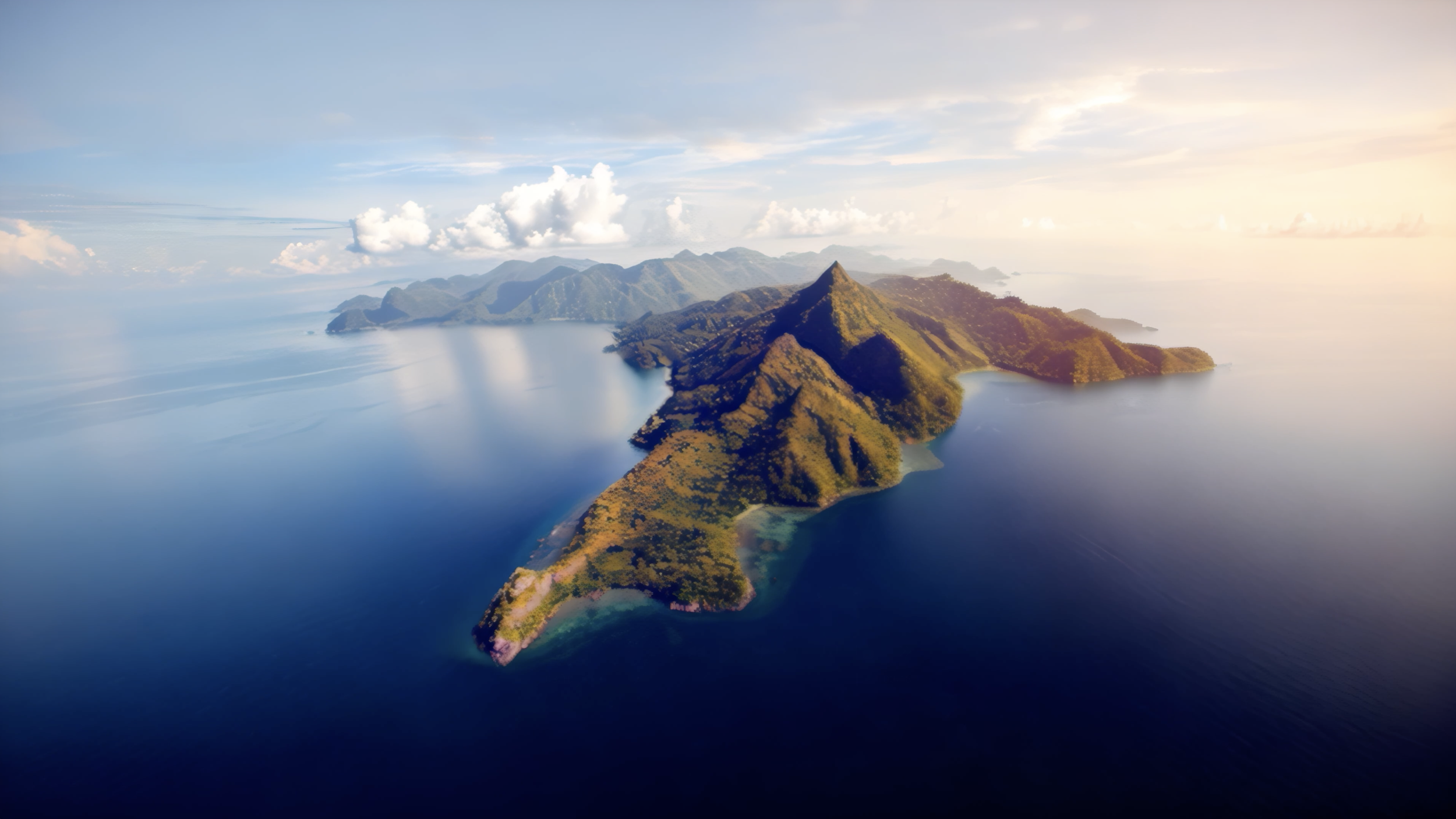 Aerial view of a green mountainous island surrounded by blue ocean waters under a partly cloudy sky.