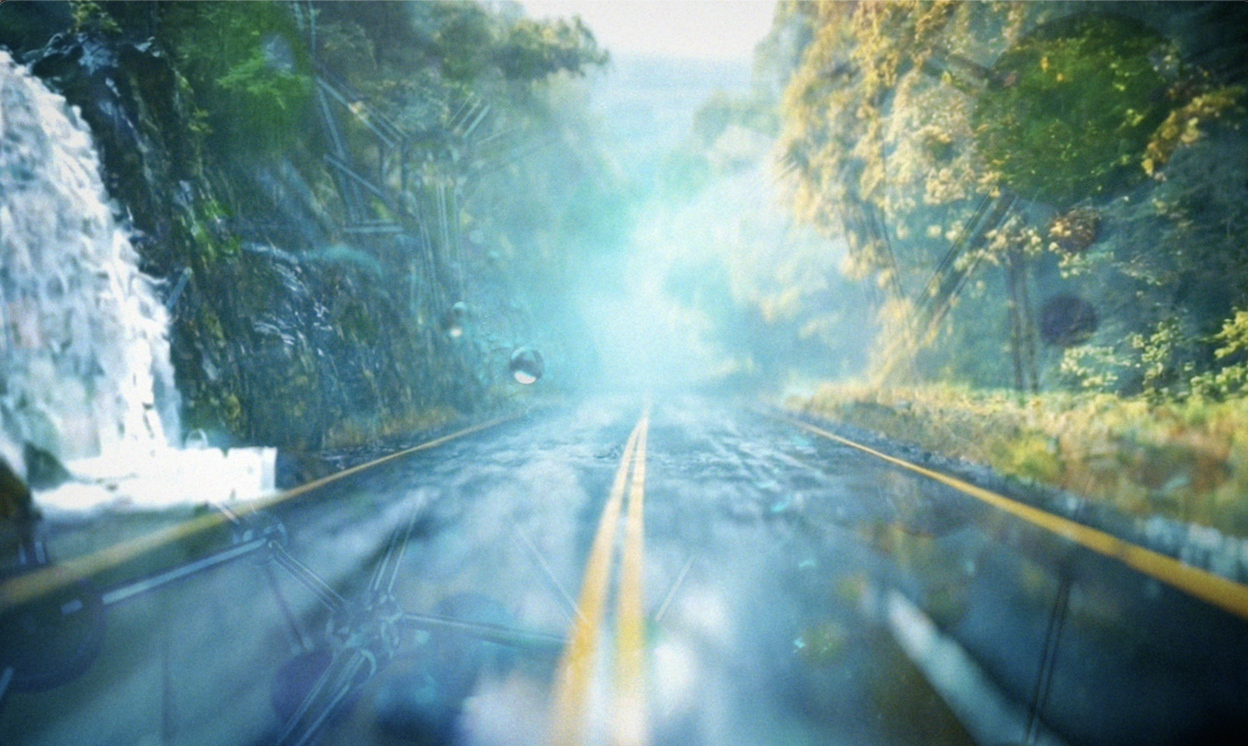 View of a rainy forest road with trees on both sides, water on the road, and raindrops falling, seen through a window with raindrops on it.