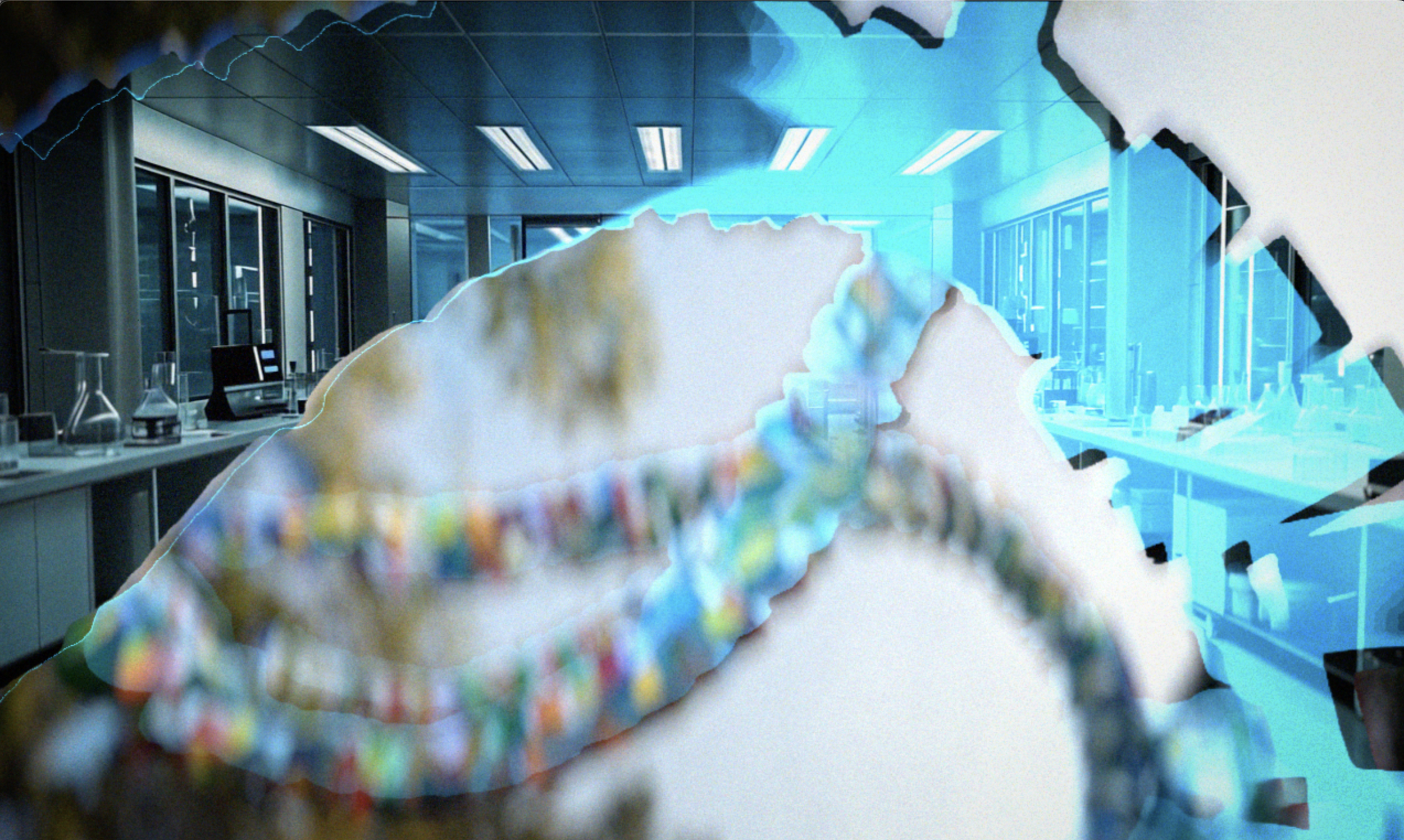Laboratory with glassware and equipment, overlaid with a digital DNA double helix graphic.