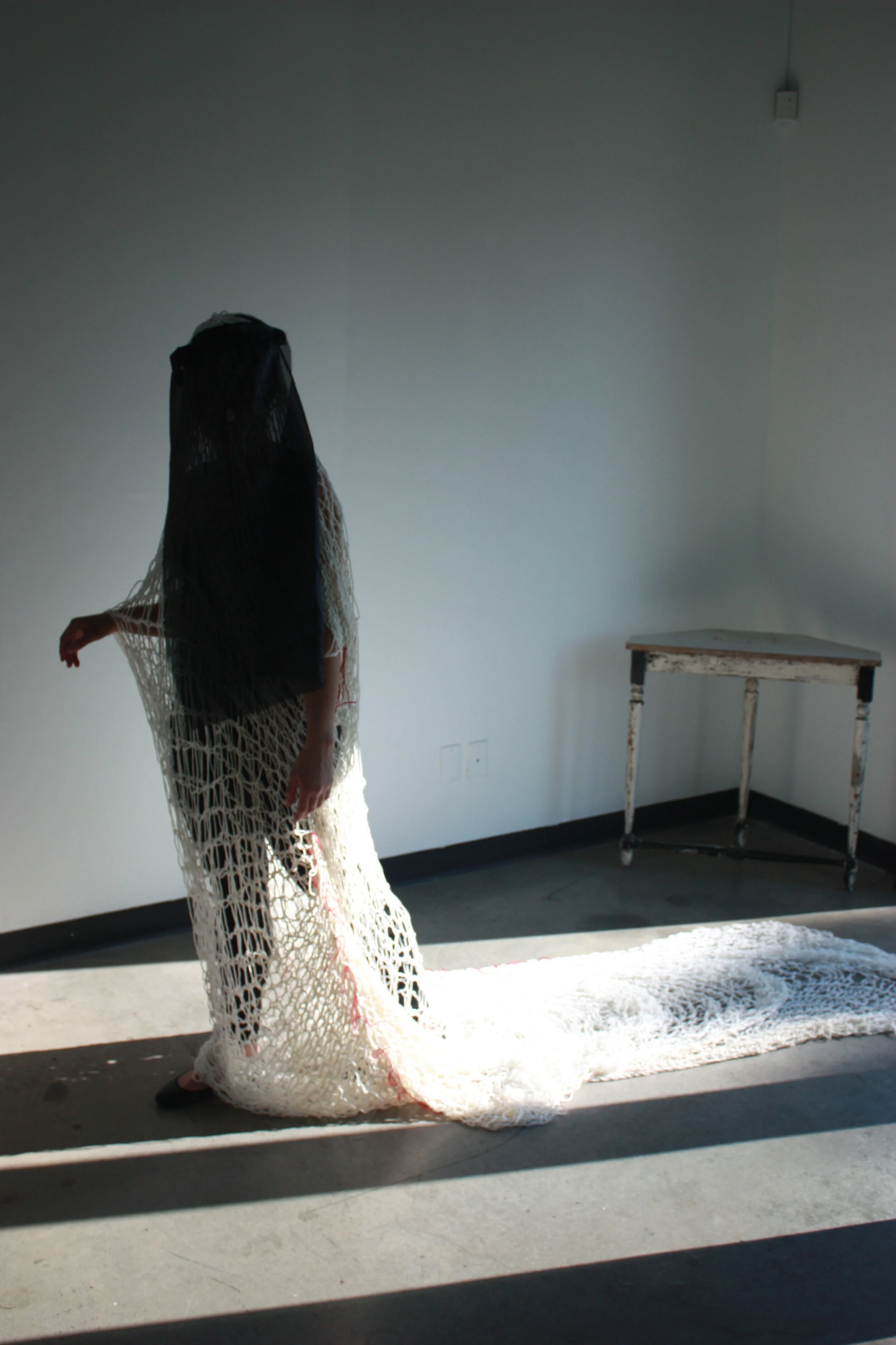   Atarraya de novia (Bridal Fishing Net);  acrylic yarn, ceramic, organza, embroidery thread; 2018   