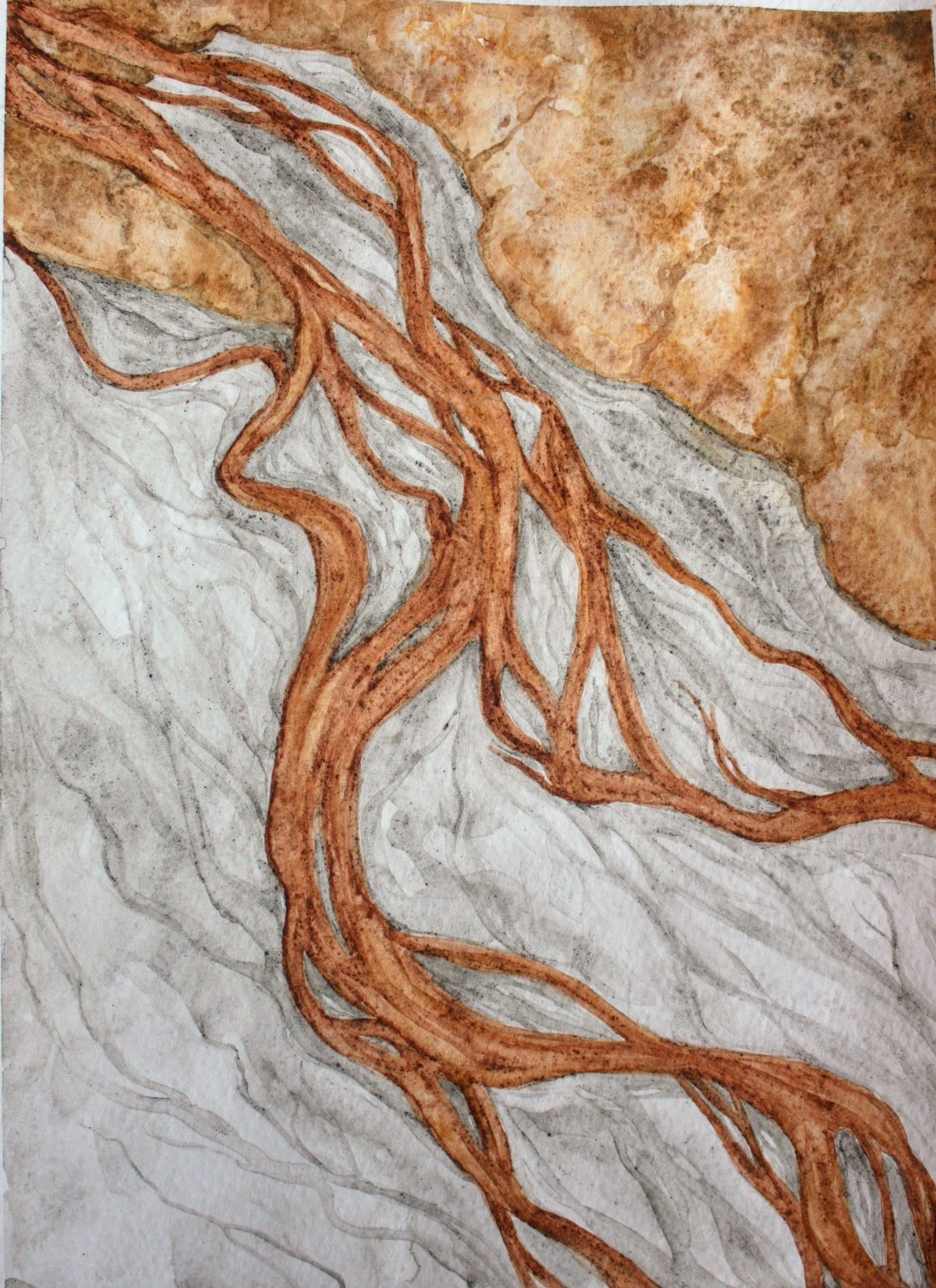   Each vein an anabranch of the heart ; earth-based watercolour on paper; 2021 