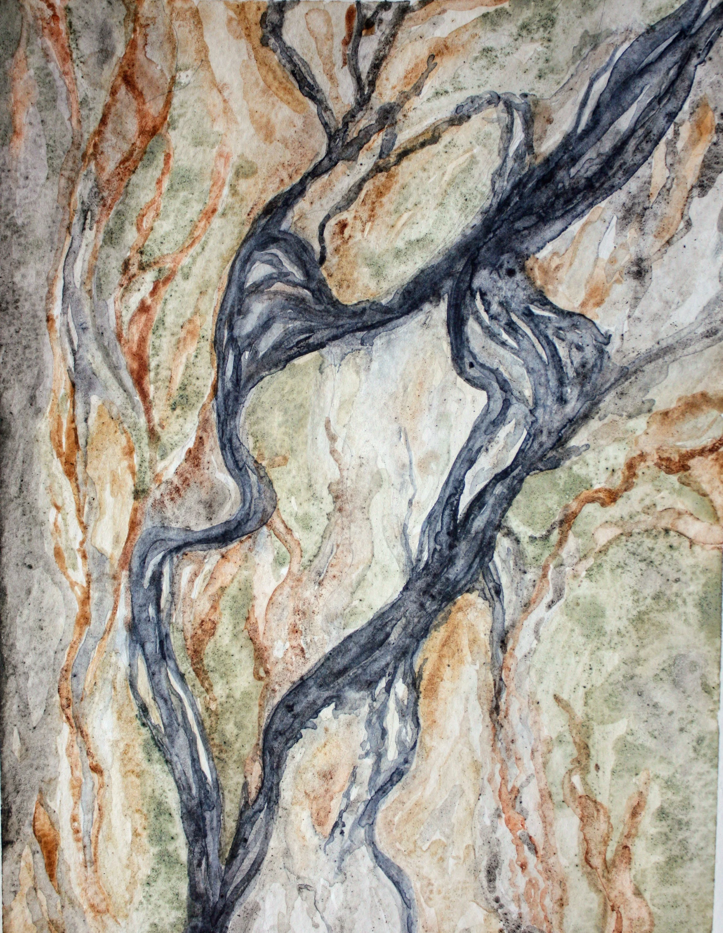   Confluence—nerves firing ; earth-based watercolour on paper; 2022 