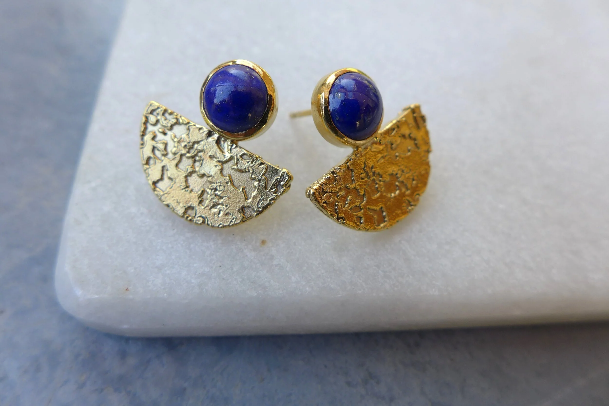 Encrusted semi circle and lapis lazuli stud earrings, gold plated recycled  sterling silver —
