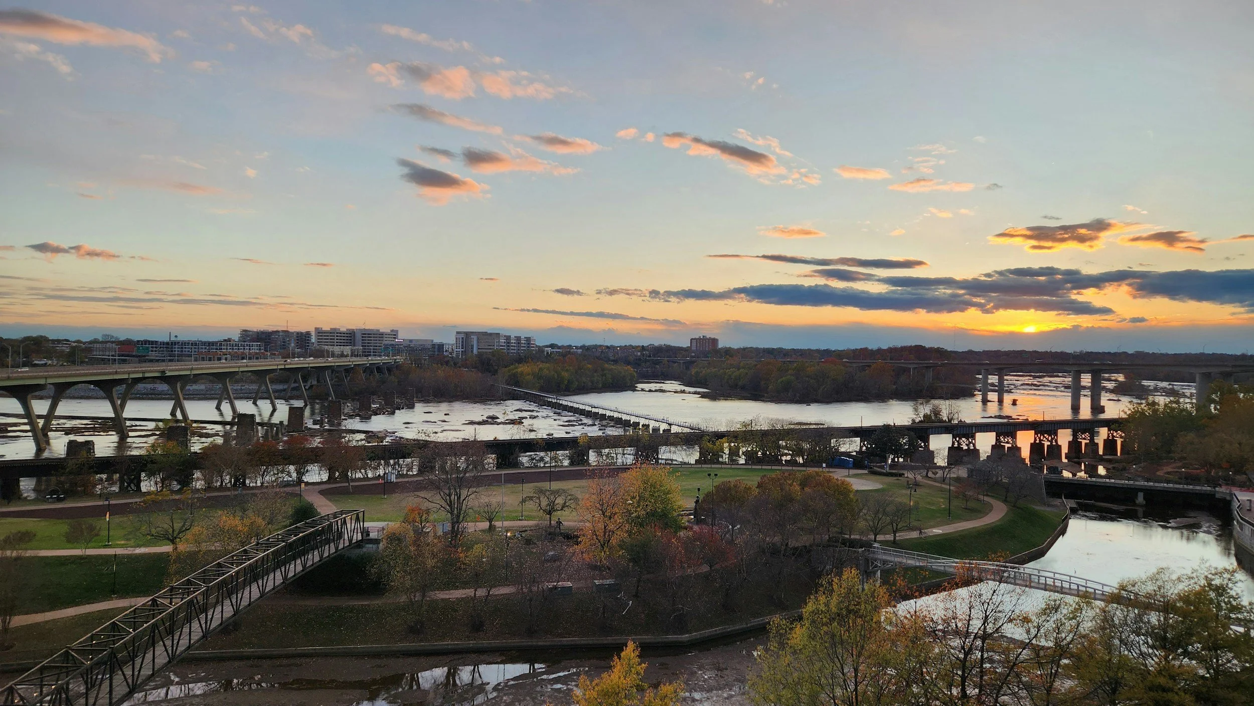 Richmond Virginia skyline and James River at sunset
