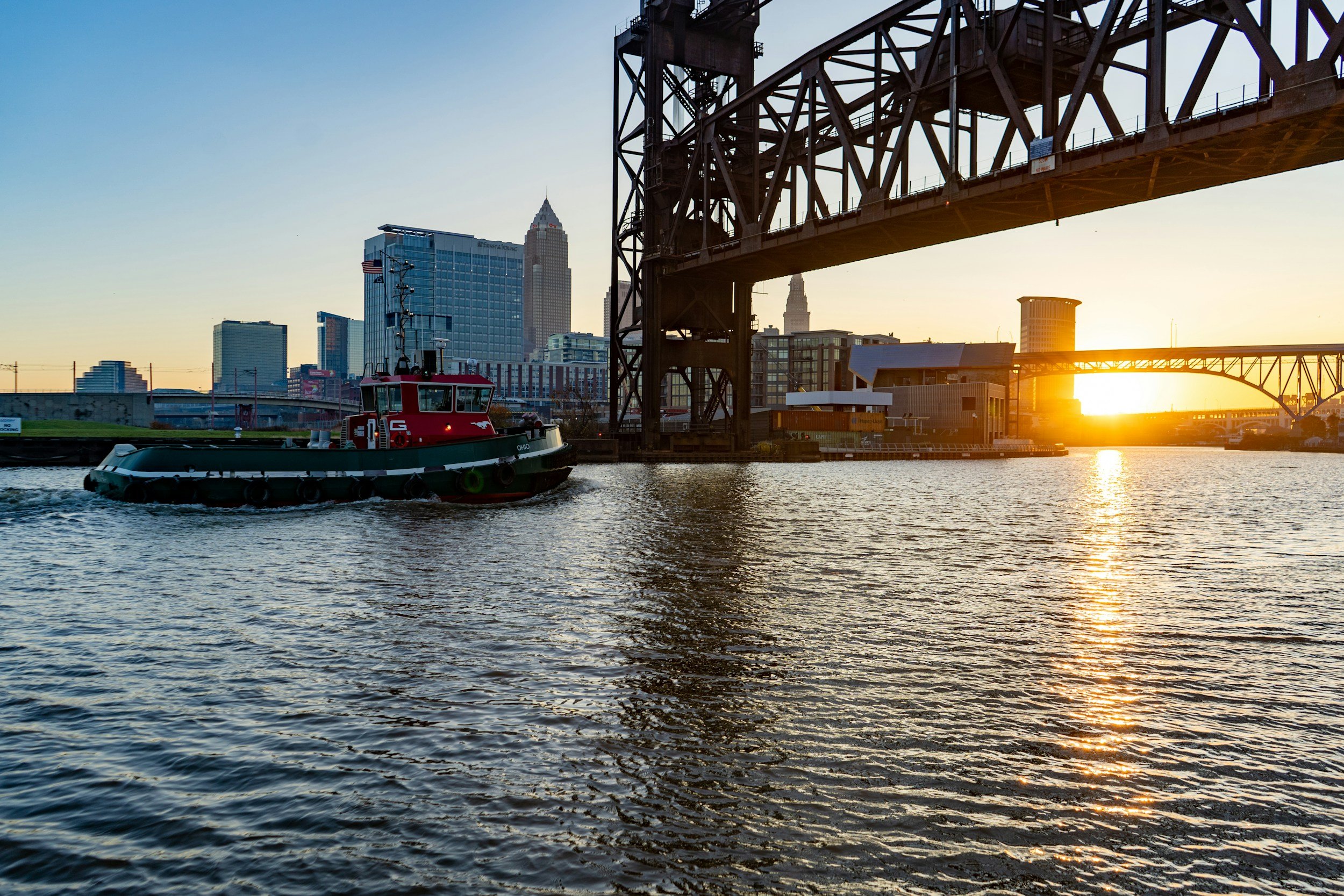 Cleveland Ohio skyline along Lake Erie at sunset