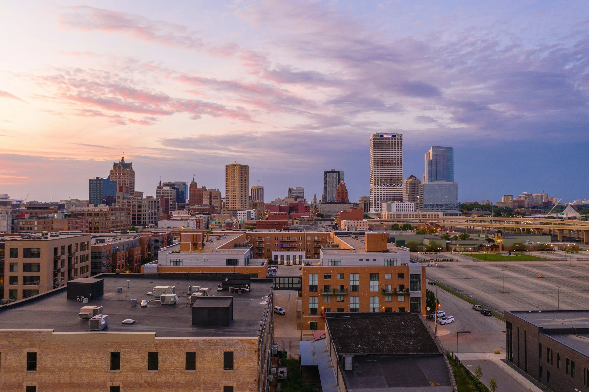 Milwaukee Wisconsin waterfront and skyline at sunset