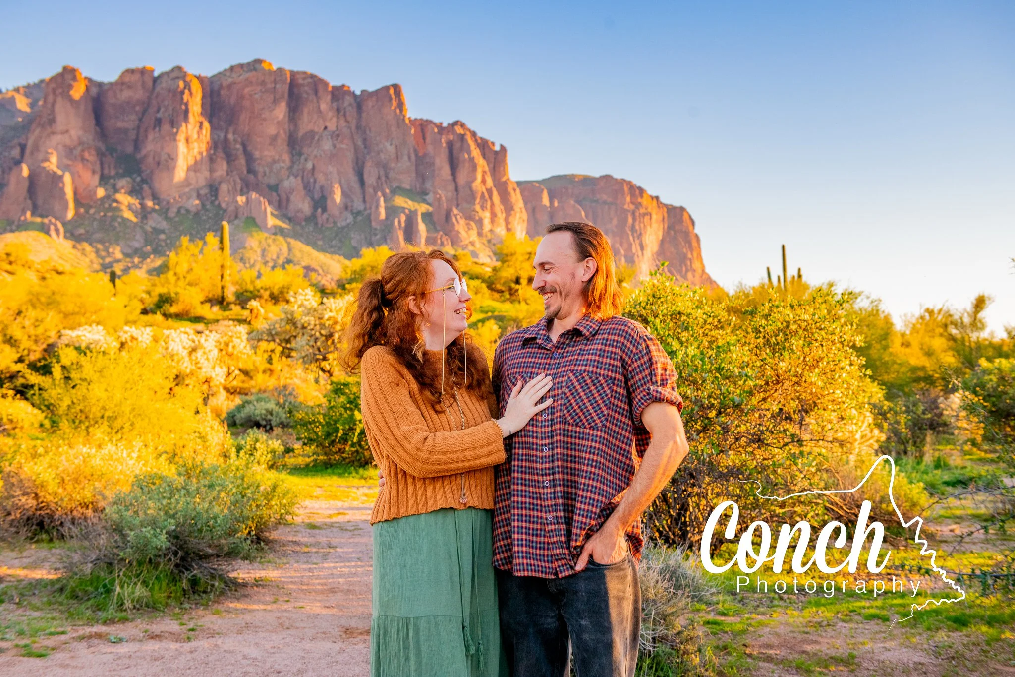 Close up Couple Photo in front of the Superstition Mountains