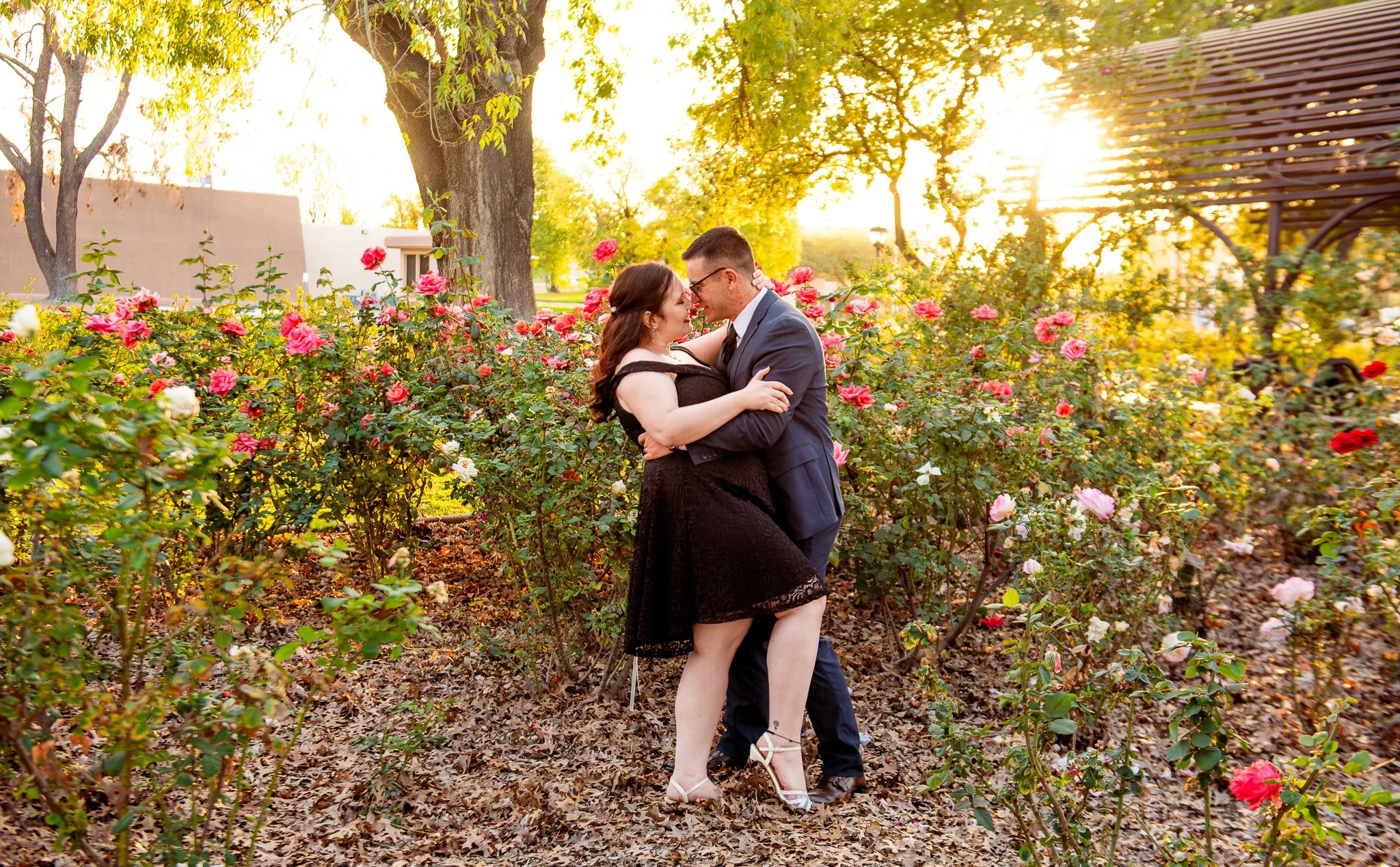 Couple poses amongst the rose bushes at the MCC Rose Garden at sunset