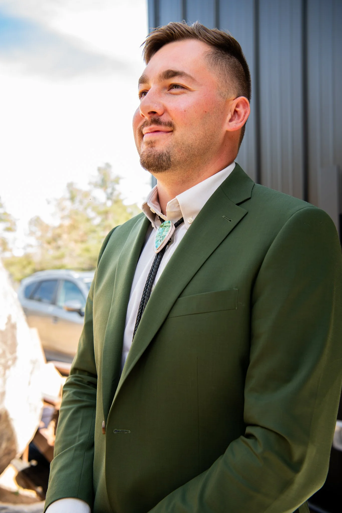 Close up image of the groom right before the first look at their destination adventure elopement in Prescott, Arizona