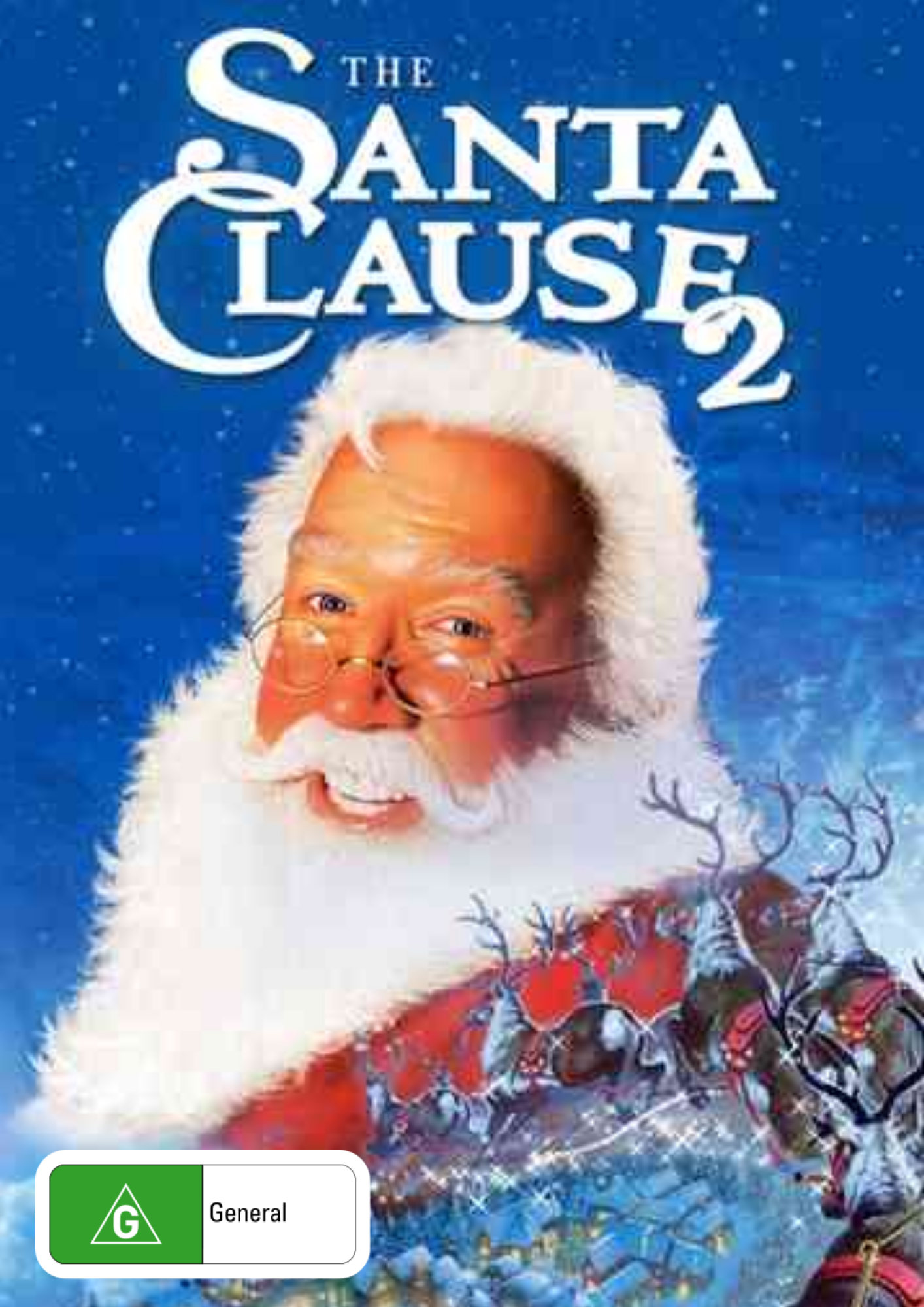 Cover of the movie 'The Santa Clause 2' featuring a smiling Santa Claus in a red suit with white fur trim, glasses, and reindeer antlers, set against a snowy background with snowflakes.