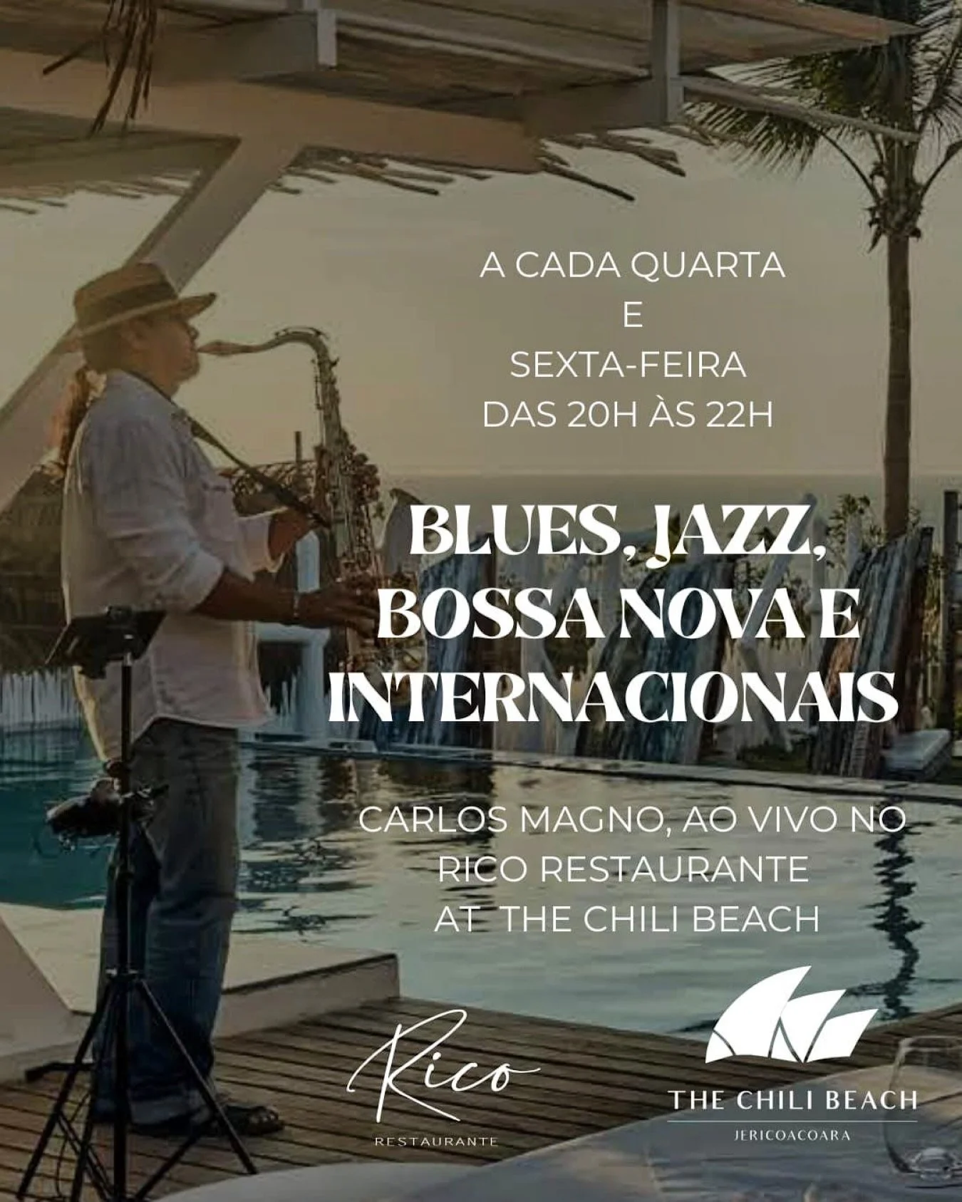 O JAZZ AO VIVO DE CARLOS MAGNO EST&Aacute; DE VOLTA
CARLOS MAGNO&rsquo;S LIVE JAZZ IS BACK
Todas as quartas e sextas-feiras no Restaurante Rico.
Every Wednesday and Friday at Rico Restaurant.
Jazz aut&ecirc;ntico sob as estrelas de Jeri.
Authentic ja