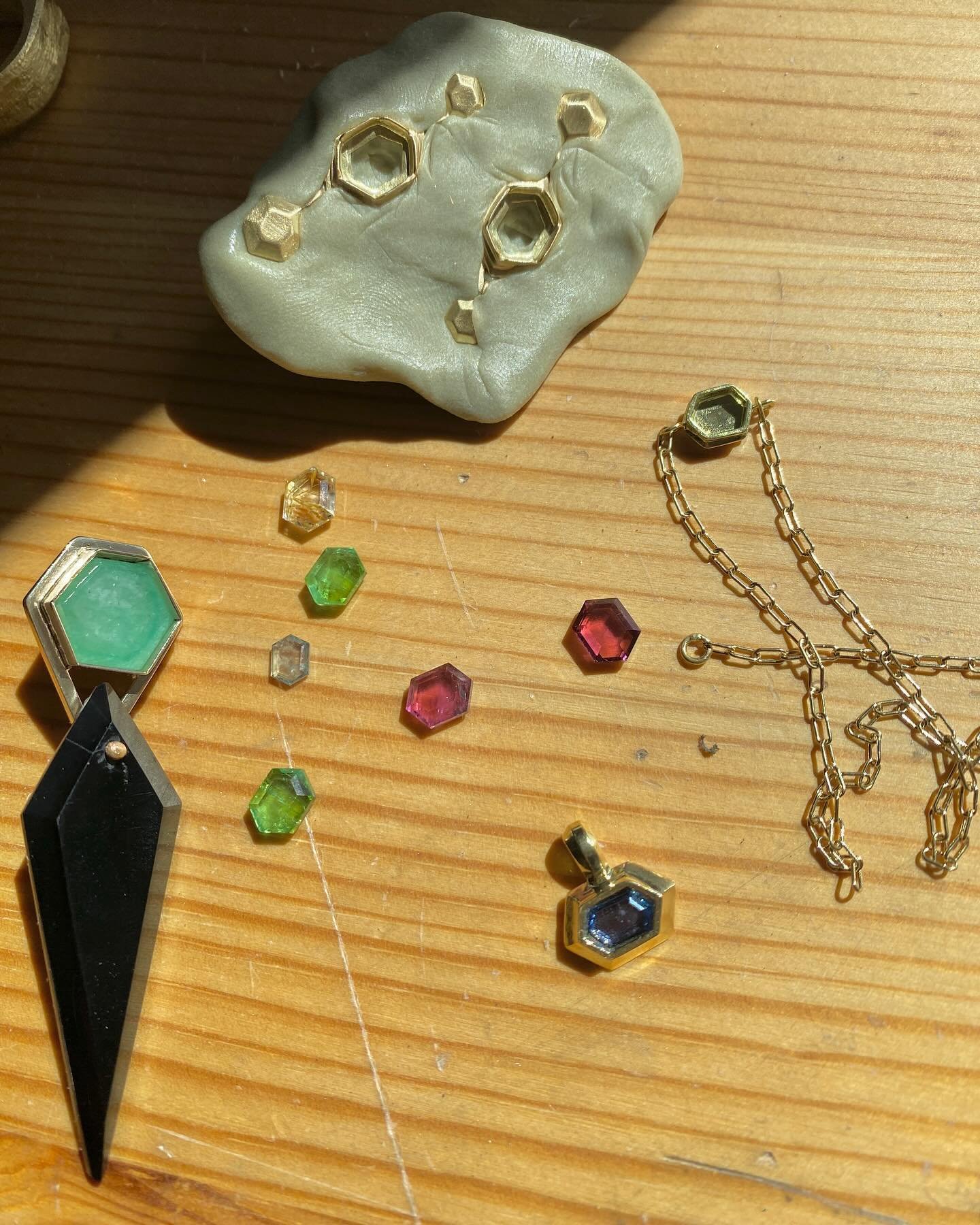 I love stone setting day. And I love hexagons. And juicy tourmalines and sapphires and emeralds and rutilated quartz and obsidian. Lots of new styles coming in just in time for Mother&rsquo;s Day trunk show in Dallas, May 10th. Save the date and let 