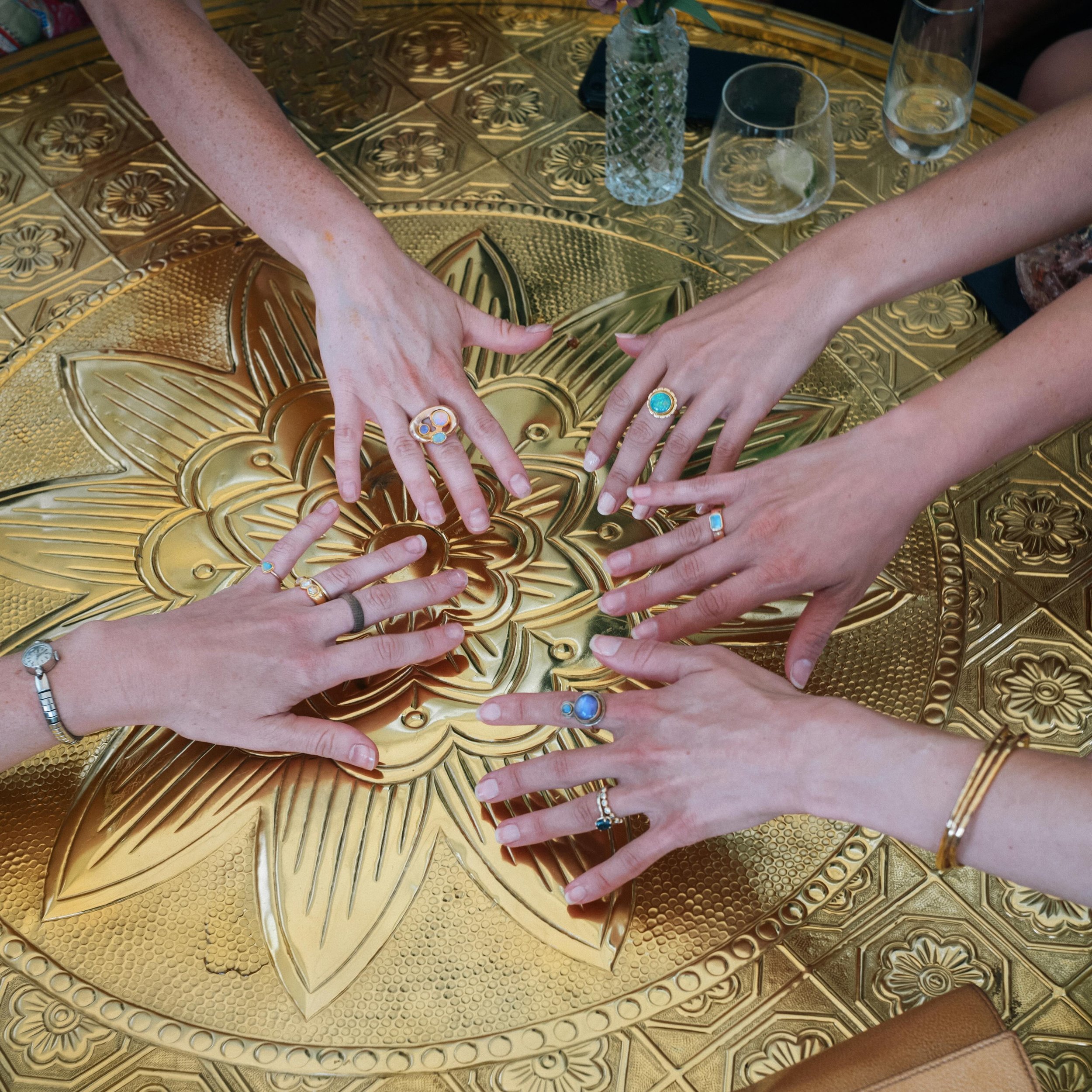 The ladies in all their custom rings at my wedding. So grateful for such supportive friends. Couldn&rsquo;t do it without em.
