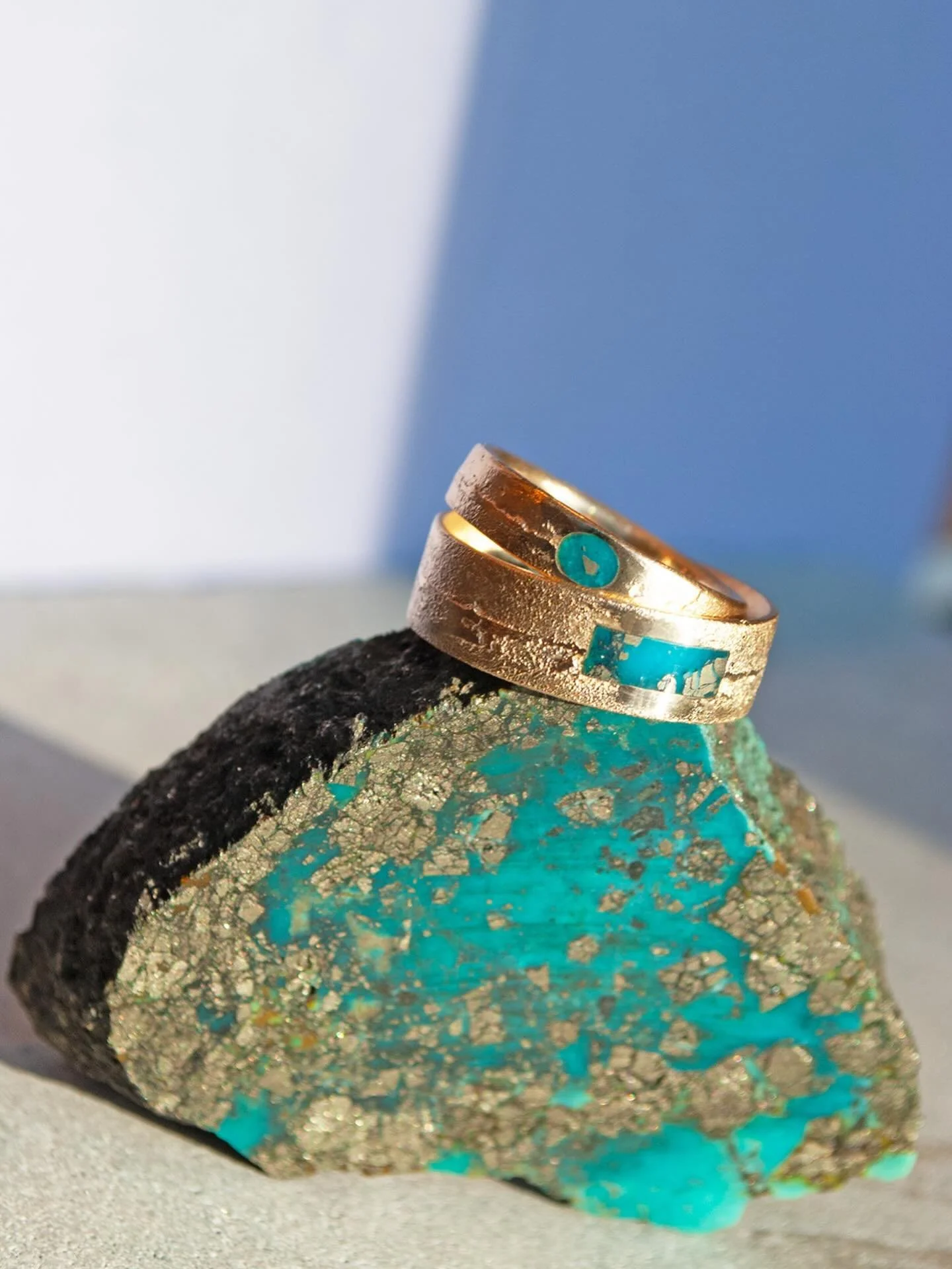 His and hers wedding bands - sandcast 10k #fairminedgold inlaid with Morenci Turquoise.

It feels so deeply meaningful to create works of art that honor love. I am so grateful to my friends and clients for trusting me with this work.
