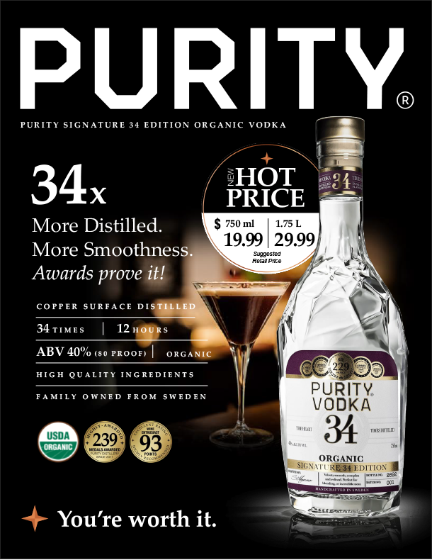 Advertisement for Purity Vodka, featuring a bottle and a cocktail glass, highlighting it as organic, 40% ABV, distilled 34 times, with prices for 750ml and 1.75L bottles, and awards received.