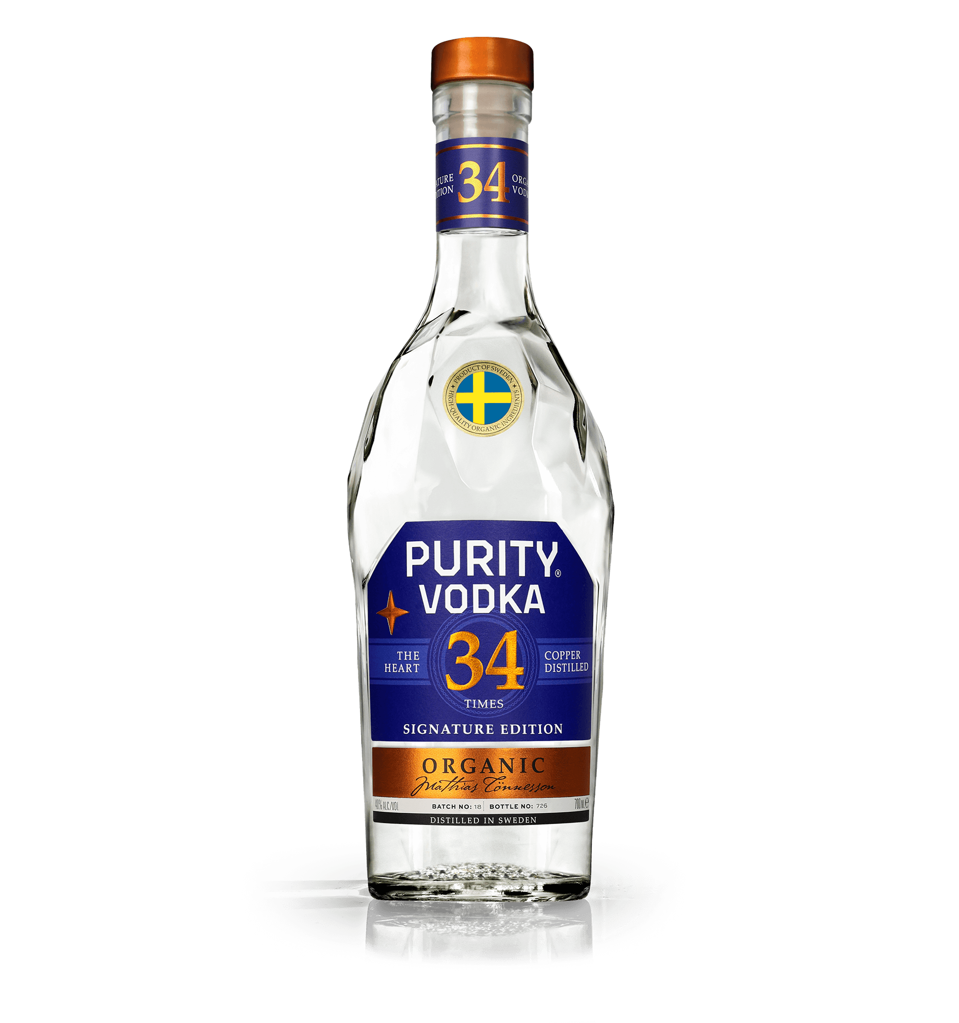 A bottle of Purity Vodka with a blue label, gold accents, and a red cap, standing on a reflective black surface against a black background.