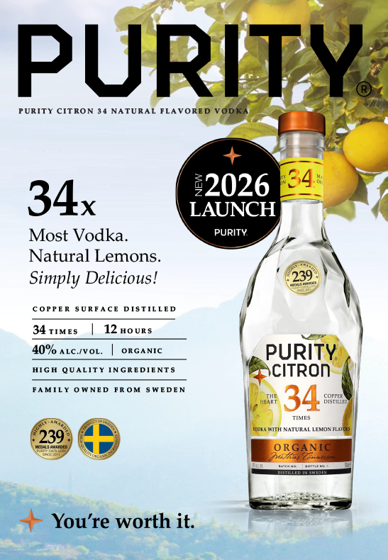 A promotional poster for Purity Citron vodka featuring a bottle of Purity Citron with lemon images in the background. The poster highlights the vodka's qualities such as being distilled 34 times from natural lemons, organic, high-quality ingredients, family-owned in Sweden, and launching in 2026. It also notes the alcohol content of 40% and an award icon indicating 239 medals and an official Swedish flag. The tagline at the bottom says, 'You're worth it.'