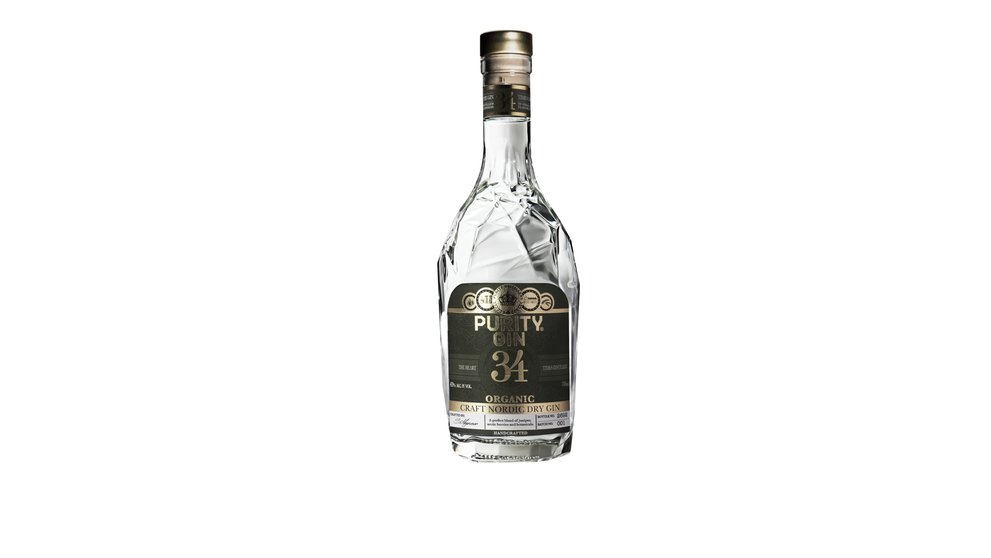 A clear glass bottle of Purity Gin with a black and gold label, standing on a reflective surface with a striped, distorted background.