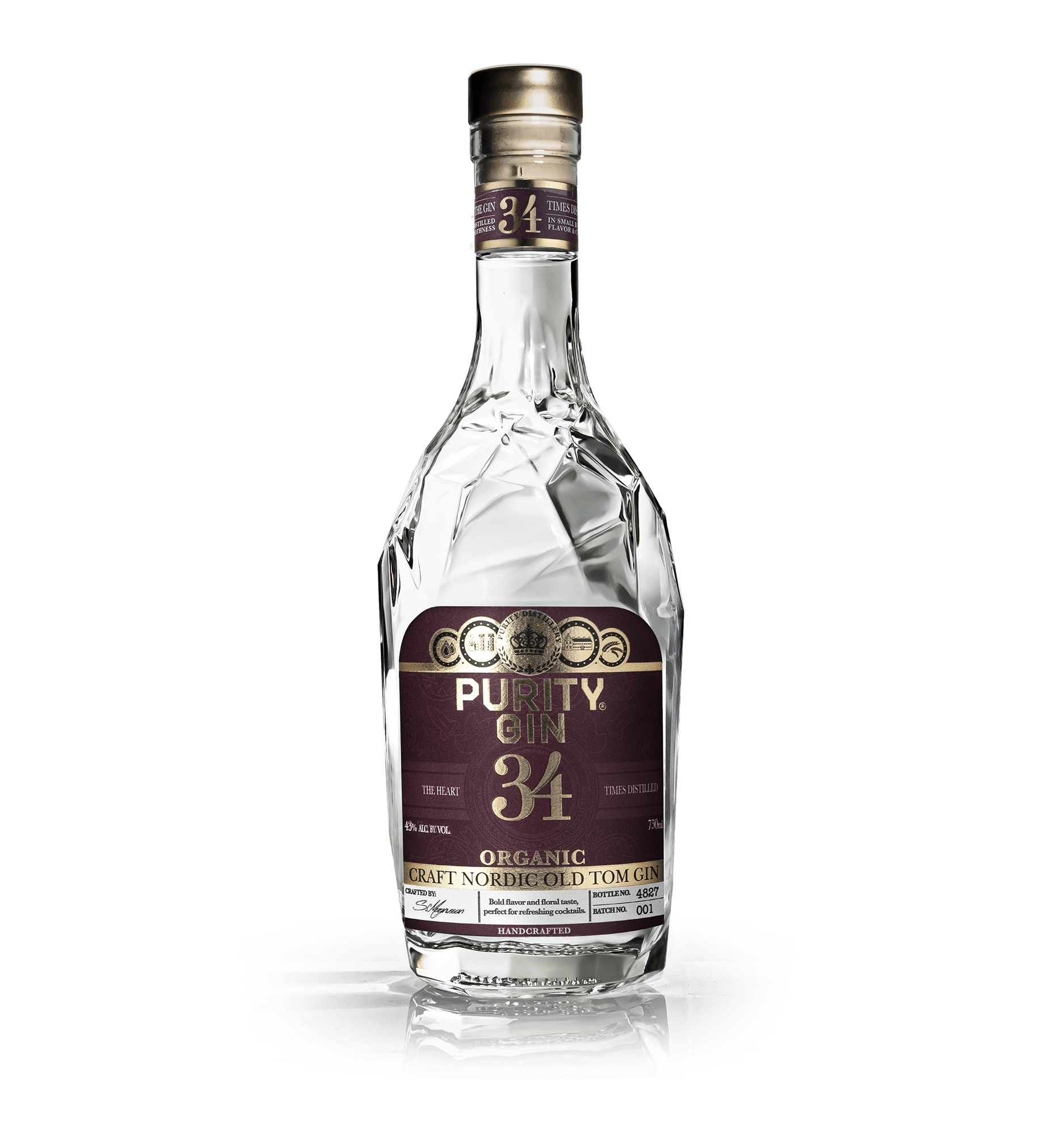 A clear glass bottle of Purity Gin with a dark purple label, gold accents, and a gold cap, placed on a reflective surface against a black background.