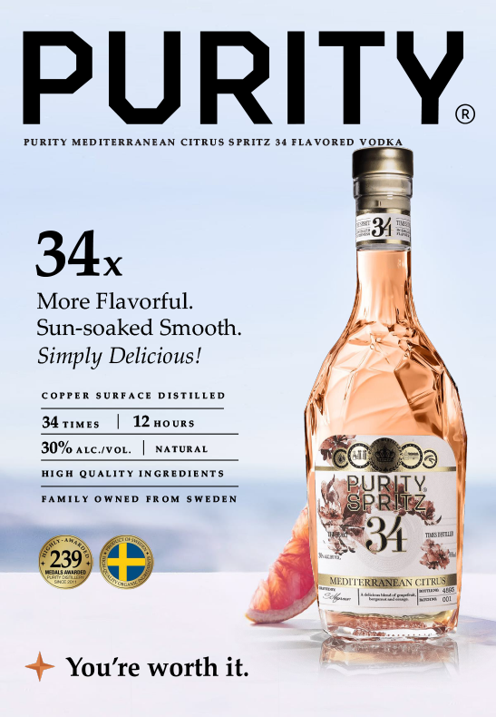 A bottle of Purity Spritz Mediterranean Citrus flavoured vodka with a label indicating 34 times distilled, 12 hours at 30% alcohol, natural ingredients, family owned from Sweden, and 239 medals. The background is light blue with a slice of citrus fruit and a small star icon at the bottom left with the text "You're worth it."