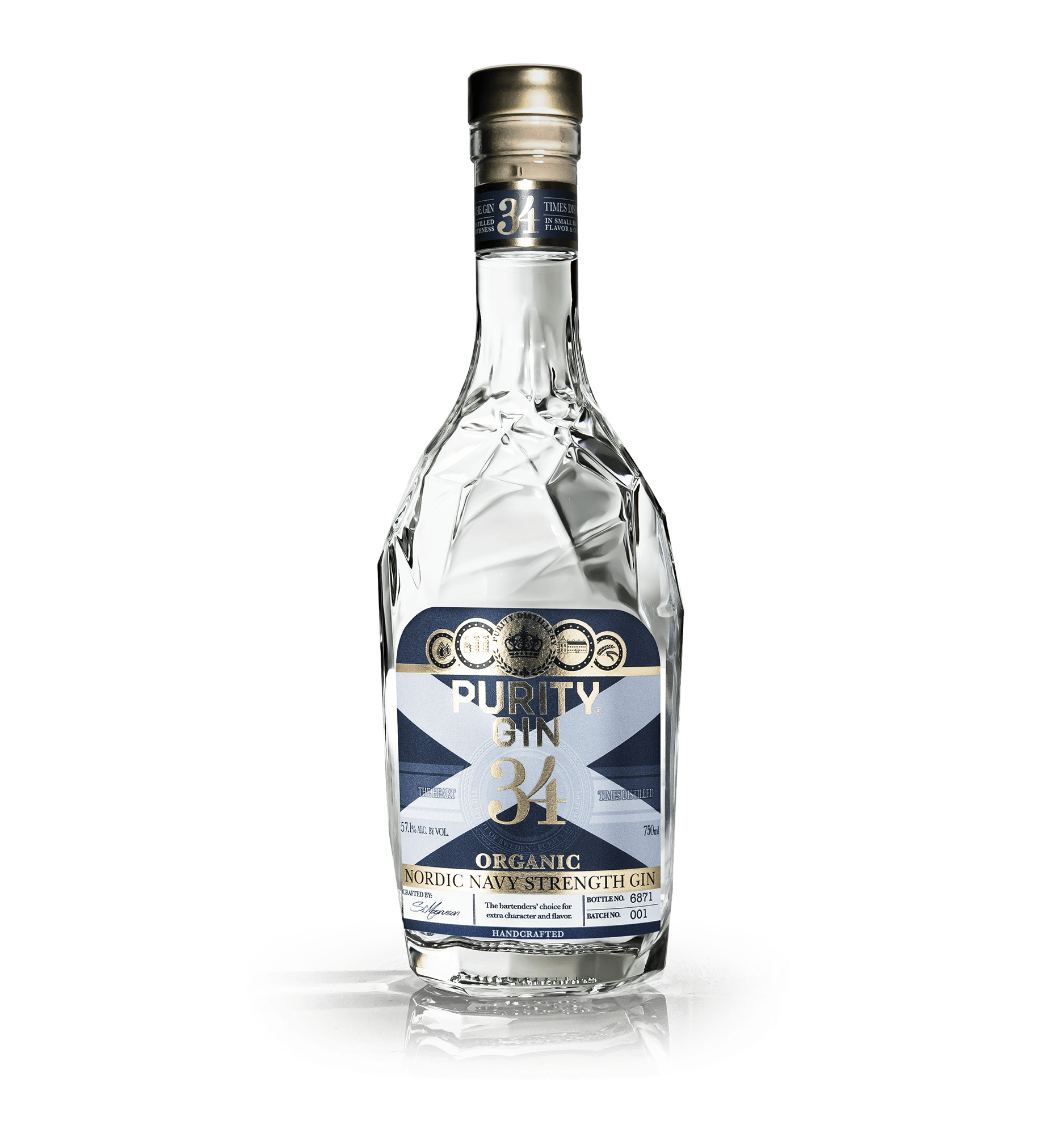 A bottle of Purity Gin with a blue and gold label, featuring a geometric design and the number 34, on a reflective surface against a black background.
