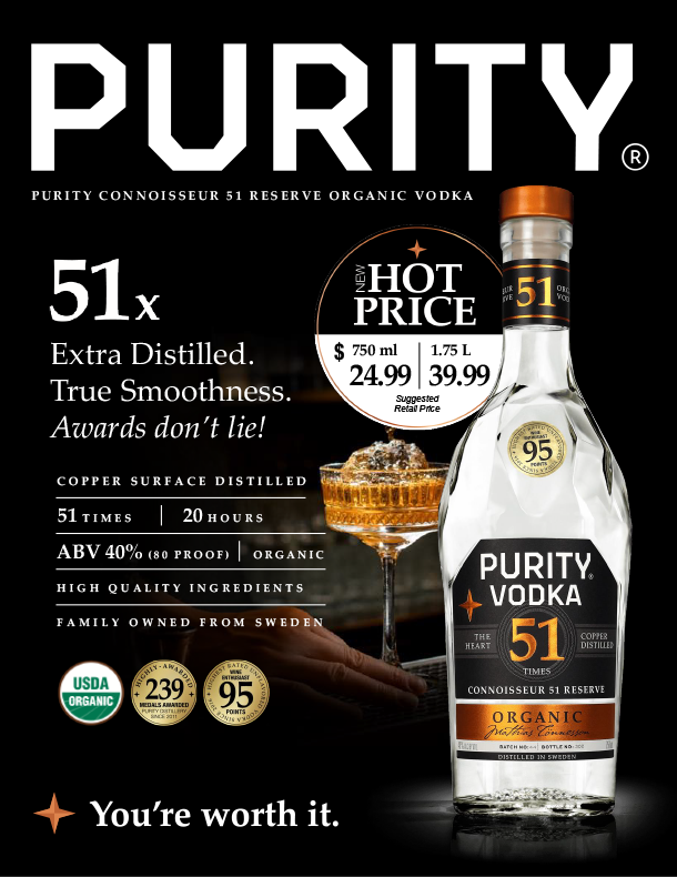 Advertising poster for Purity Vodka featuring a bottle of Purity Connoisseur 51 Reserve organic vodka, a glass with ice, and promotional pricing details.