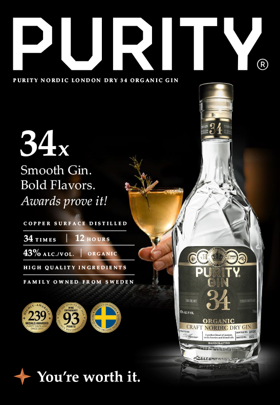 Packaging of Purity 34 organic craft Nordic dry gin featuring a clear gin bottle, a cocktail glass with a garnish, and various product details emphasizing organic ingredients, Nordic origin, and awards.