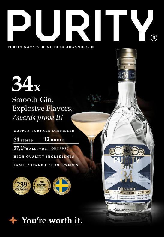 A promotional poster for Purity Organic Gin featuring a bottle of gin, a cocktail glass with a white drink, and several medals and badges. The text highlights the gin's qualities, including 34 times distilled, organic ingredients, high quality, and family ownership in Sweden.