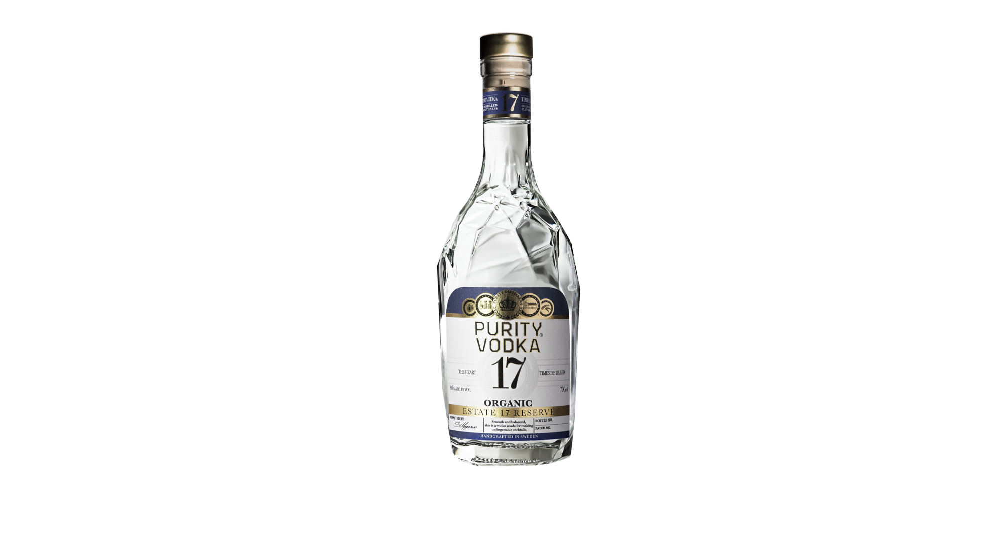 A clear glass bottle of Purity Vodka with a white label, gold accent, and a silver cap, standing against a striped background.