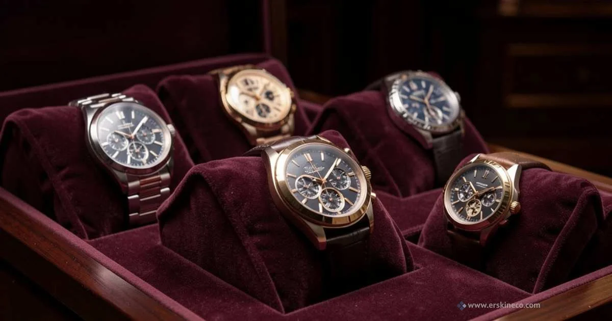 luxury brand watches displayed in a velvet jewelry display box as part of a high-end watch collection
