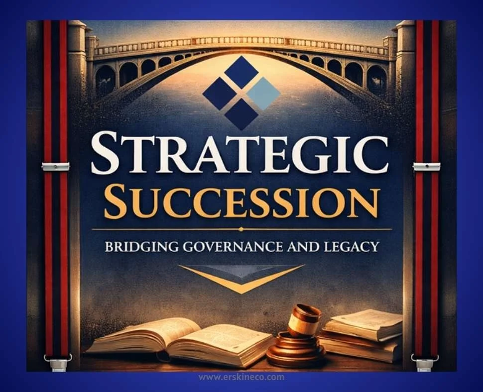 Image of a bridge with Matthew Erskine's iconic suspenders with Strategic Succession Bridging Governance and Legacy