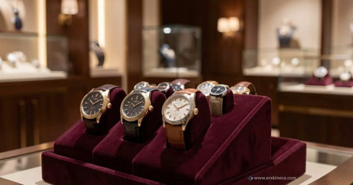 a red velvet jewelry display holds several high end wrist watches on top of a case in a luxury jewelry shop  for watch collectors