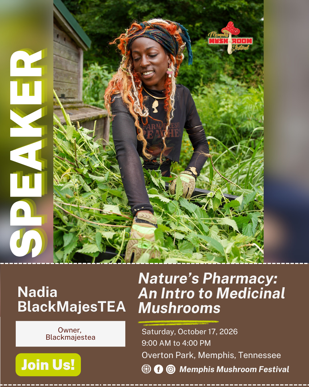 Nadia BlackMajesTEA is a mushroom enthusiast who will be sharing her process for crafting medicinal mushroom beverages. 

Her talk, "From Forest to Cup," will cover everything from ethical harvesting to preparation methods. 

She'll also highlight th