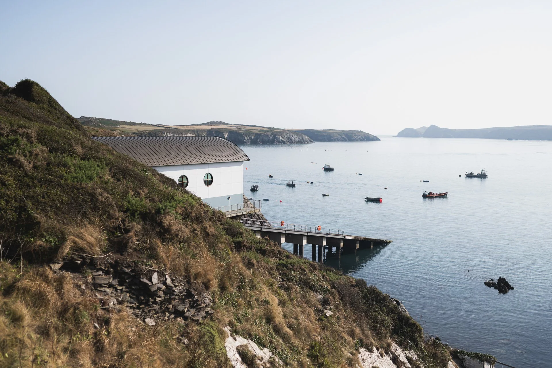 View across the Câr-y-Môr seaweed farm and the Pembrokeshire coastline.