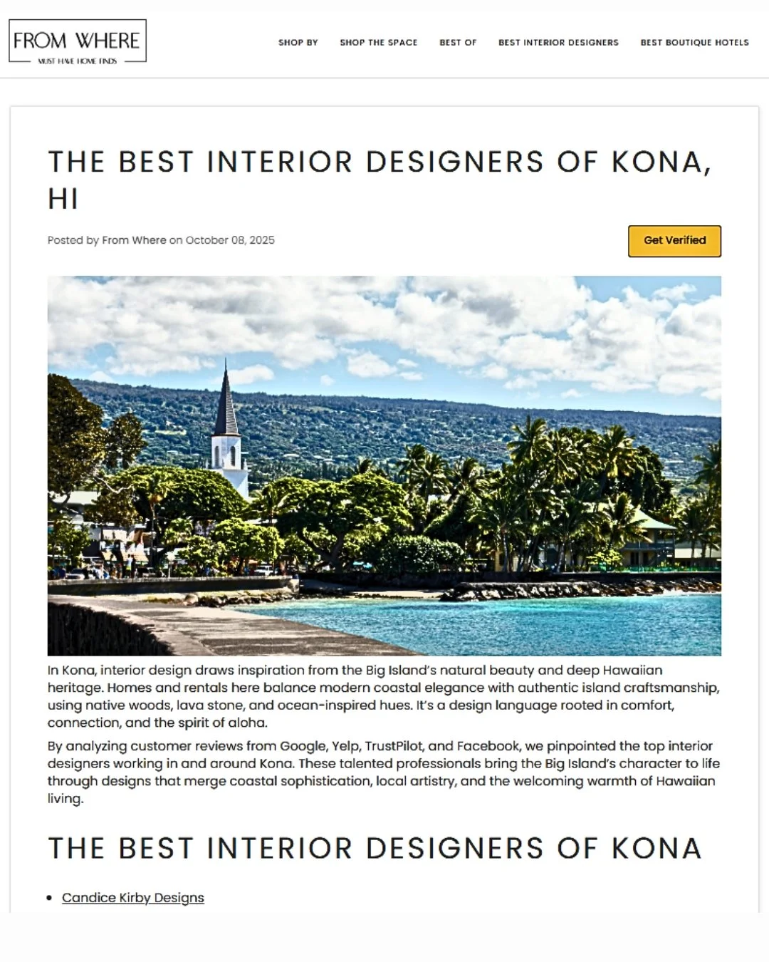 Recognized as the Best Interior Designer in Kona for 2025 by fromwhere.com, Candice Kirby Designs is the premier choice for luxury interiors on the Big Island. While based in Waikoloa, our award-winning studio serves clients across the Kohala Coast a