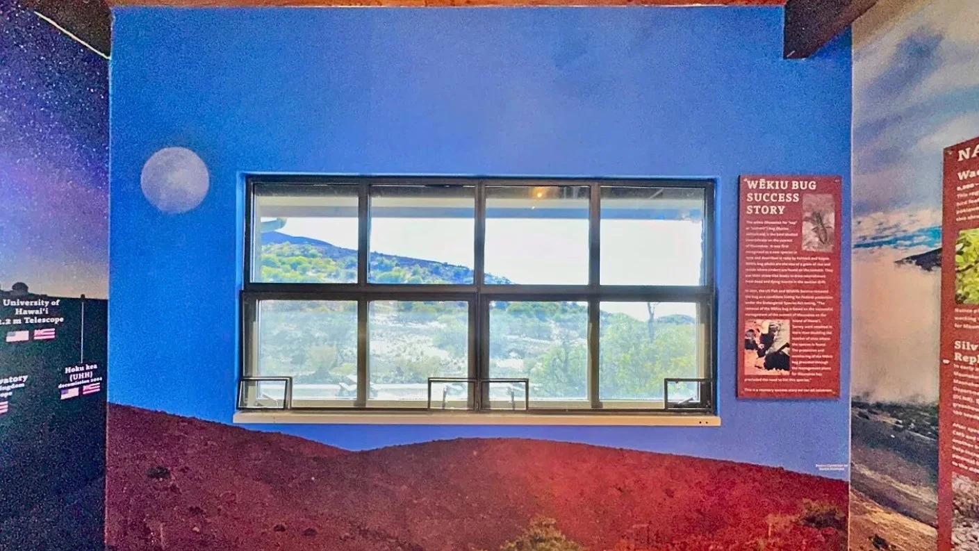 Interior Design work by Candice Kirby Designs for the Mauna Kea Visitors Center. A large window overlooking a landscape, flanked by a mural of the moon and earth, and an informational panel about the Wēkiu Bug.