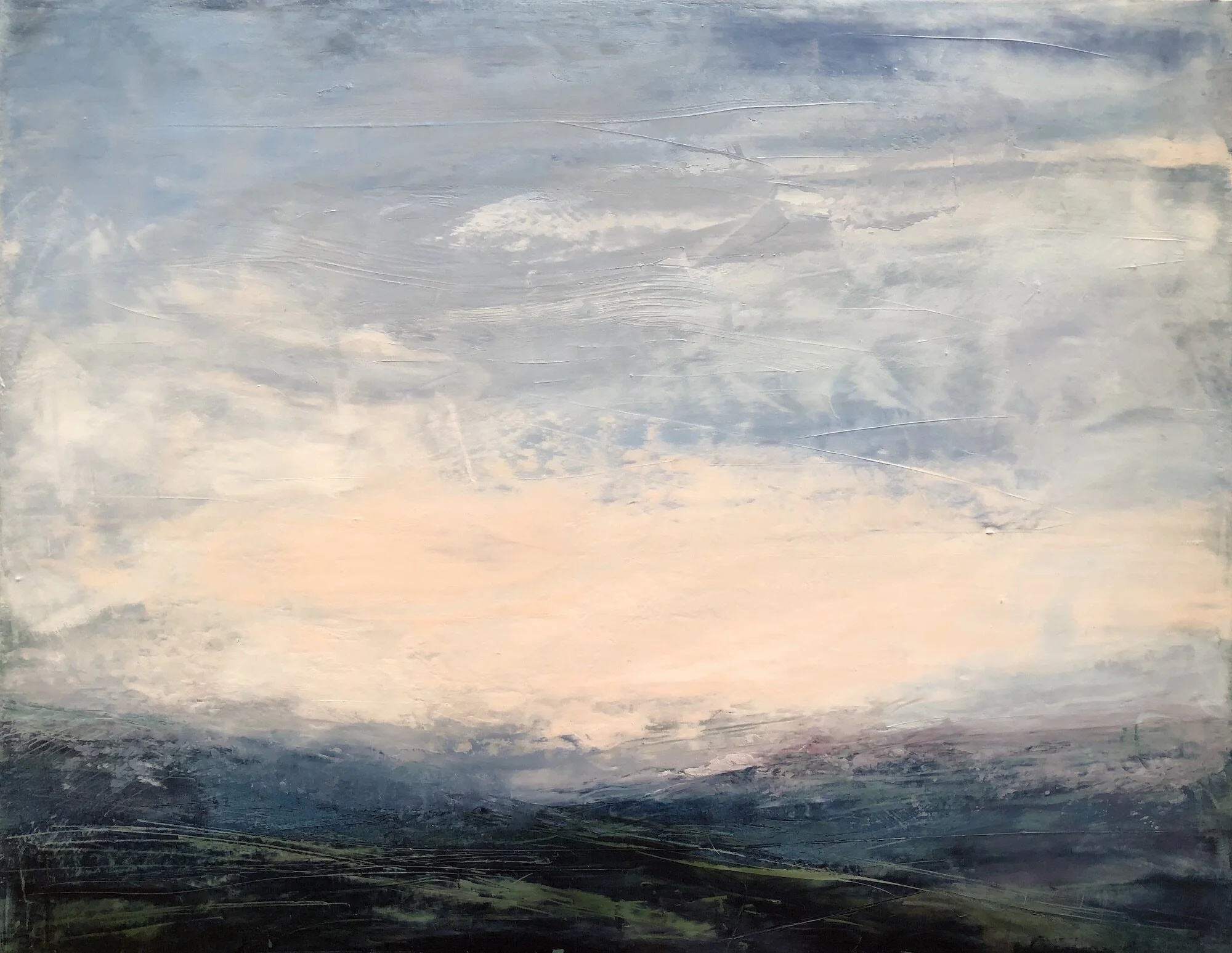 Mauve Hills at Twilight. Oil and wax on board