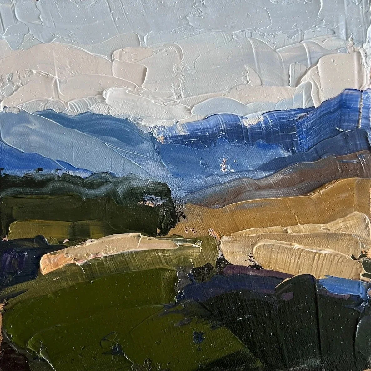 Down The Valley 4 150x150mm mini oil on canvas. Framed in oak