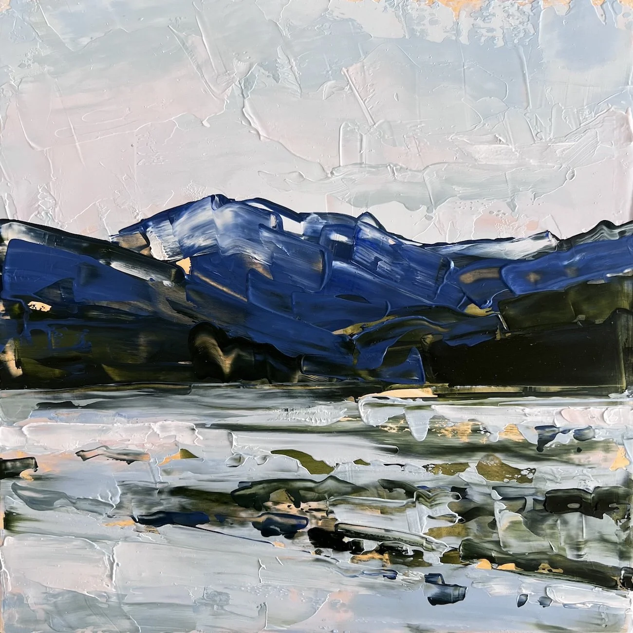 Small square oil painting using palette knife to apply. silver grey braided river foreground with cobalt blue mountains with dark green forest below. Grey, blue and pink in the sky.